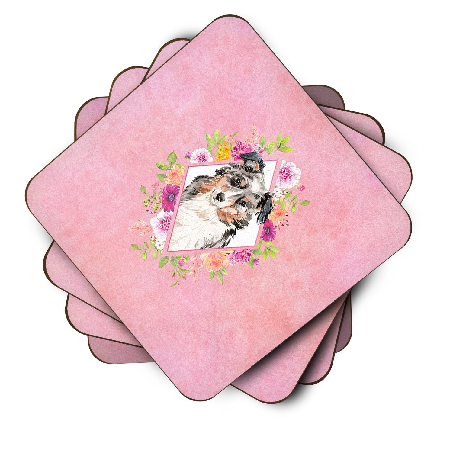 Australian Shepherd Pink Flowers Foam Coasters Set of 4 Cup Coasters for Indoor Outdoor, Tabletop Protection, Anti Slip, Mouse pad Material