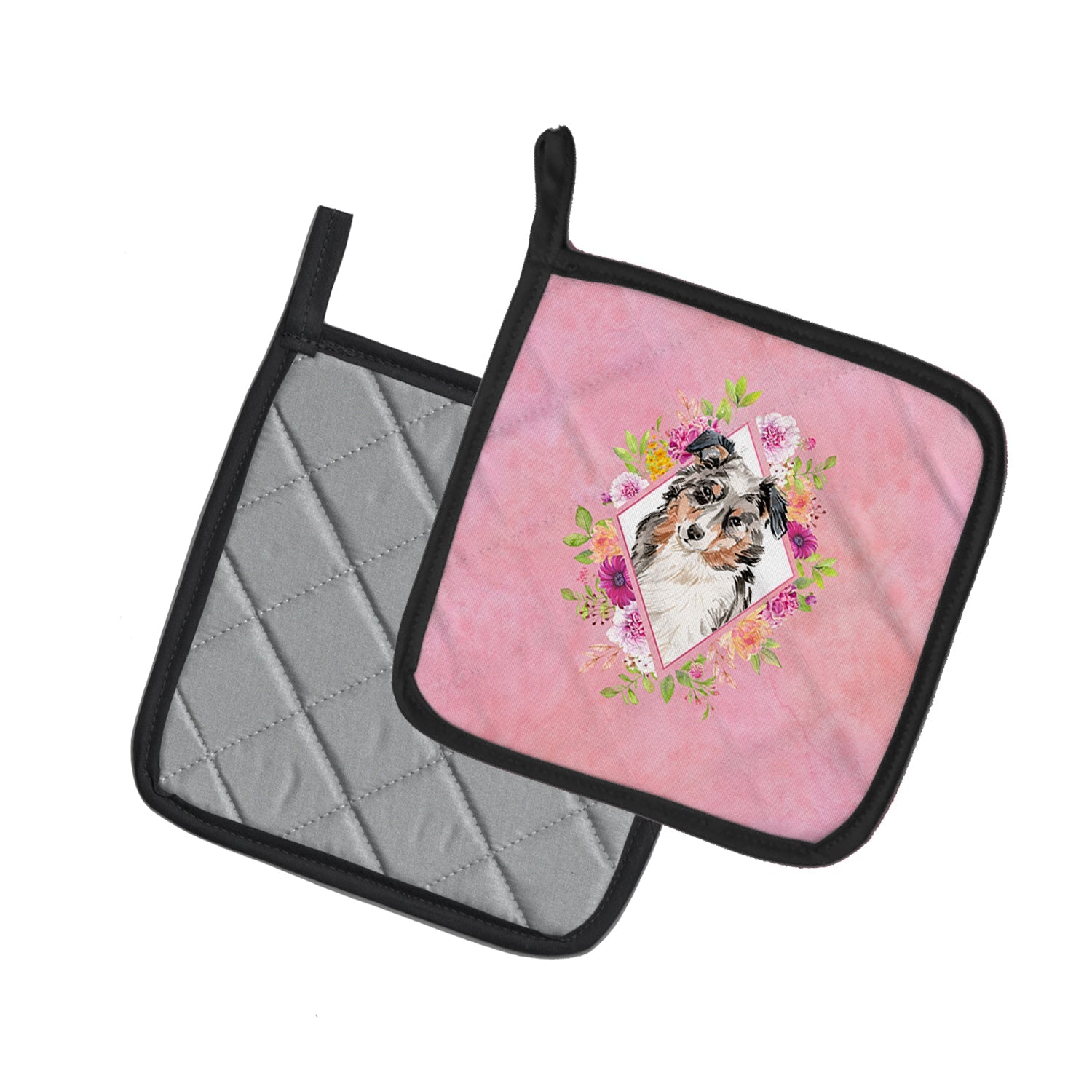 Australian Shepherd Pink Flowers Pot Holder Set of 2 Heat Resistant Quilted Hot Pads 7.5 x 7.5 Inch, Insulated Kitchen Trivets for Cooking & Baking