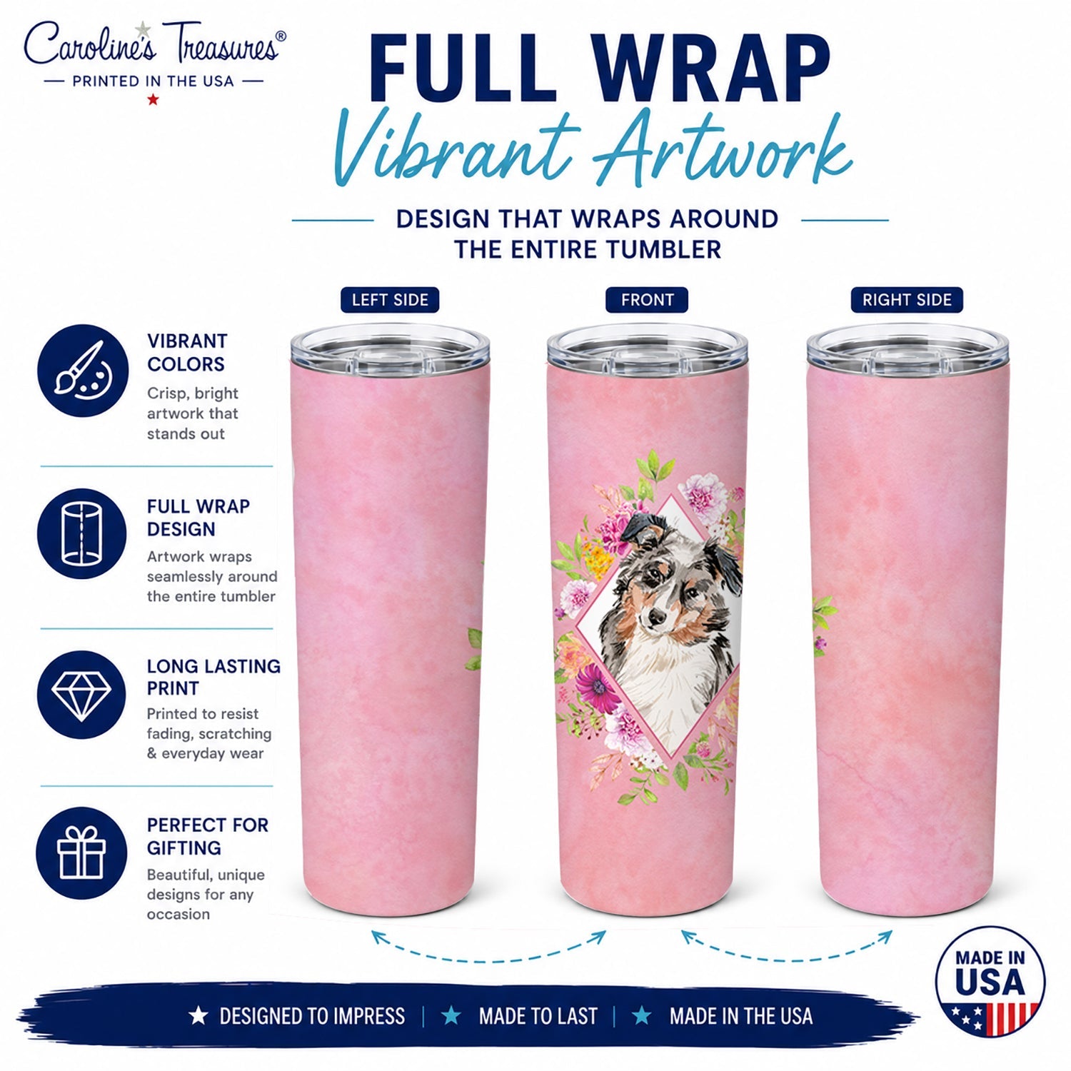 Australian Shepherd Pink Flowers Stainless Steel Skinny Tumbler 20 oz Vacuum Double Walled Reusable Insulated Travel Cup