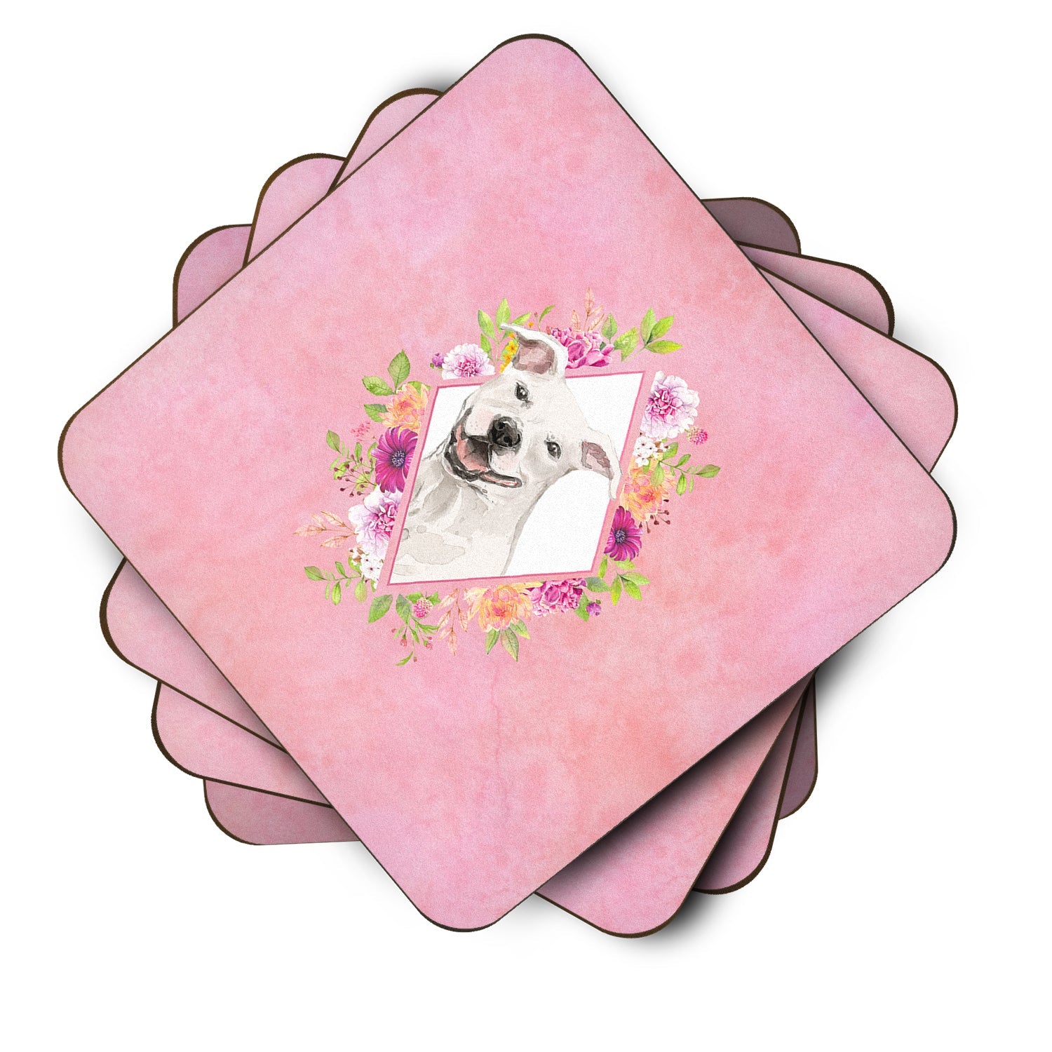 White Pit Bull Terrier Pink Flowers Foam Coasters Set of 4 Cup Coasters for Indoor Outdoor, Tabletop Protection, Anti Slip, Mouse pad Material