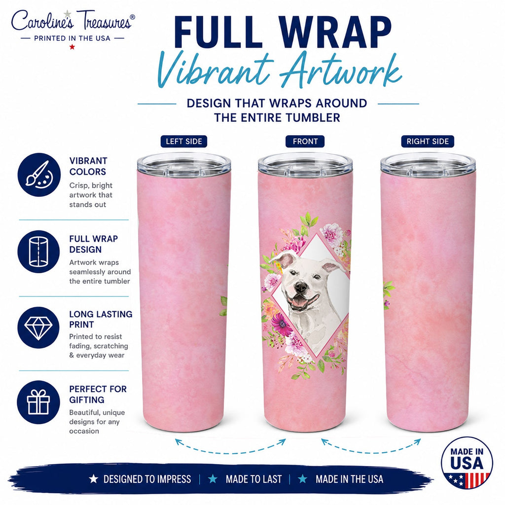 White Pit Bull Terrier Pink Flowers Stainless Steel Skinny Tumbler 20 oz Vacuum Double Walled Reusable Insulated Travel Cup