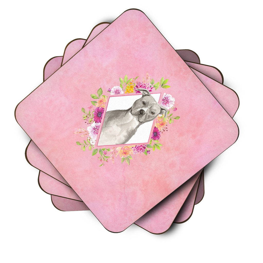 Blue Pit Bull Terrier Pink Flowers Foam Coasters Set of 4 Cup Coasters for Indoor Outdoor, Tabletop Protection, Anti Slip, Mouse pad Material