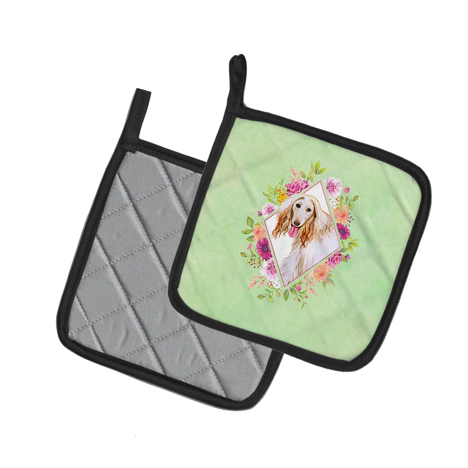 Afghan Hound Green Flowers Pot Holder Set of 2 Heat Resistant Quilted Hot Pads 7.5 x 7.5 Inch, Insulated Kitchen Trivets for Cooking & Baking