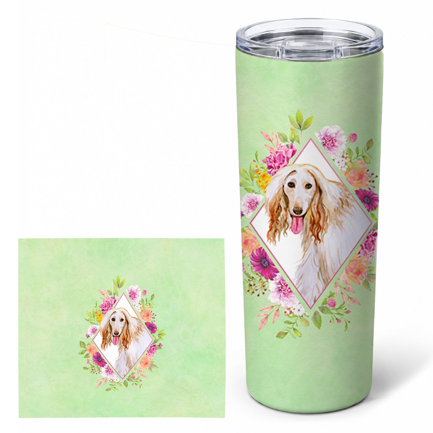 Afghan Hound Green Flowers Stainless Steel Skinny Tumbler 20 oz Vacuum Double Walled Reusable Insulated Travel Cup