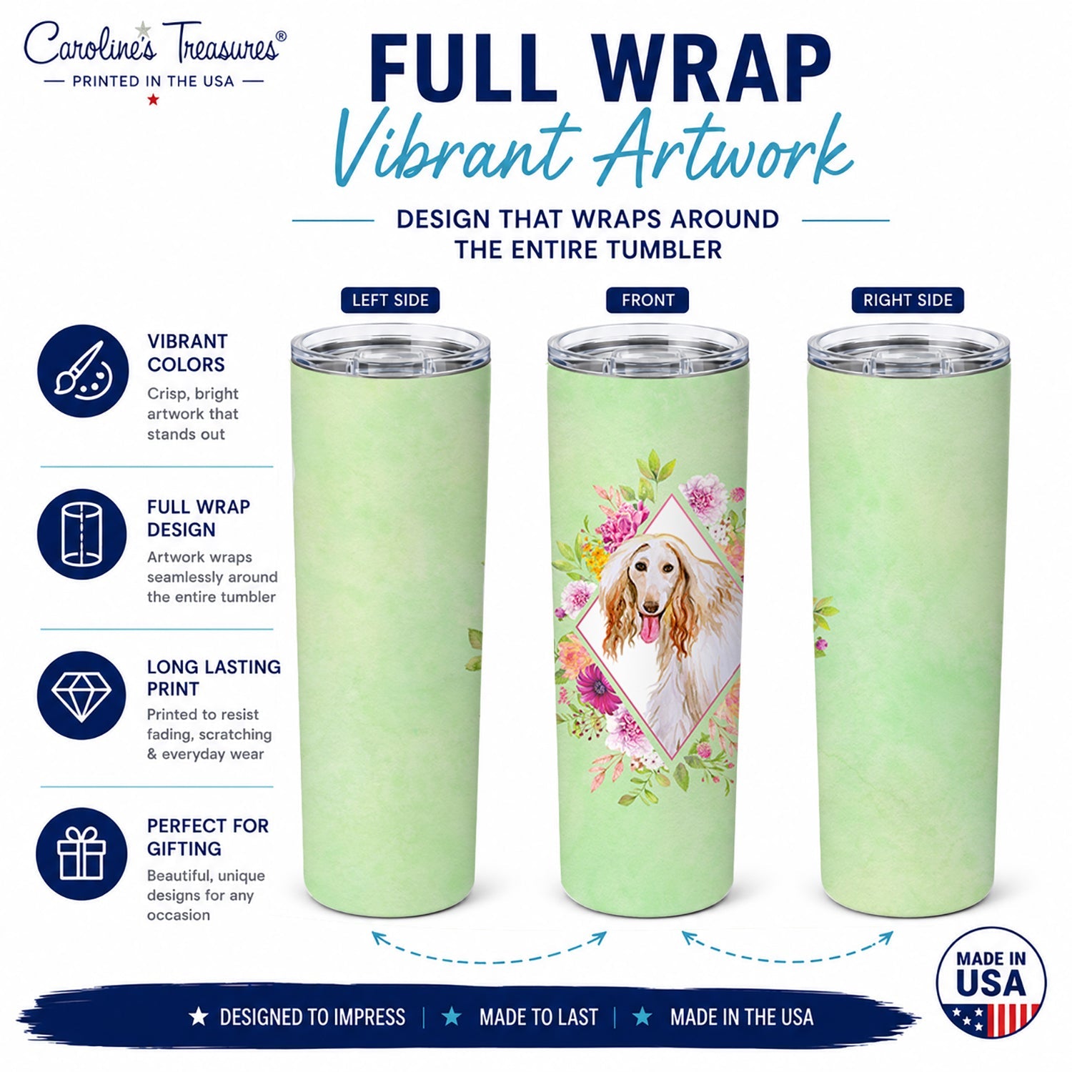 Afghan Hound Green Flowers Stainless Steel Skinny Tumbler 20 oz Vacuum Double Walled Reusable Insulated Travel Cup