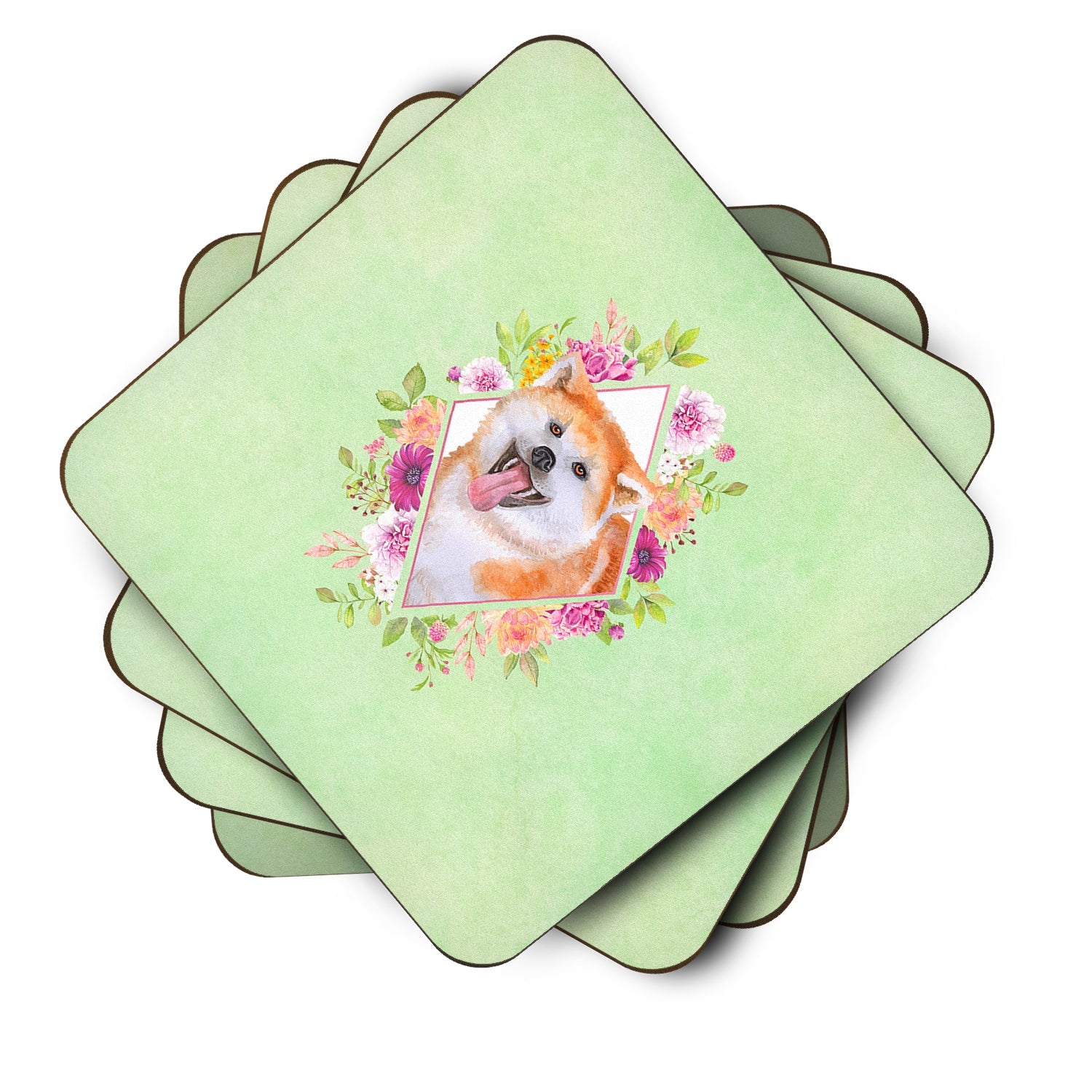 Akita Green Flowers Foam Coasters Set of 4 Cup Coasters for Indoor Outdoor, Tabletop Protection, Anti Slip, Mouse pad Material