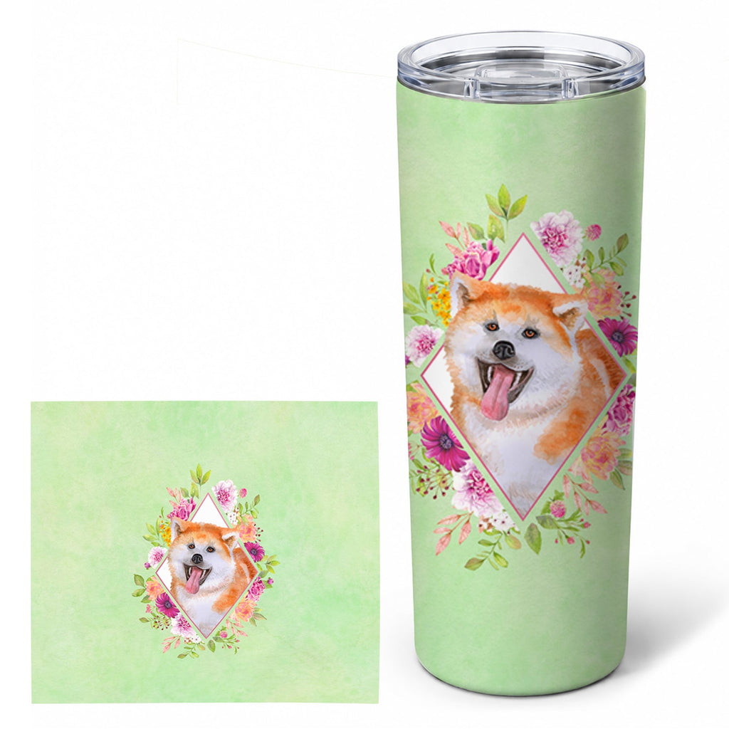 Akita Green Flowers Stainless Steel Skinny Tumbler 20 oz Vacuum Double Walled Reusable Insulated Travel Cup