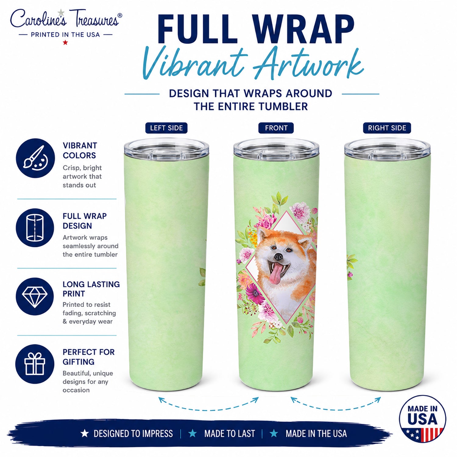 Akita Green Flowers Stainless Steel Skinny Tumbler 20 oz Vacuum Double Walled Reusable Insulated Travel Cup