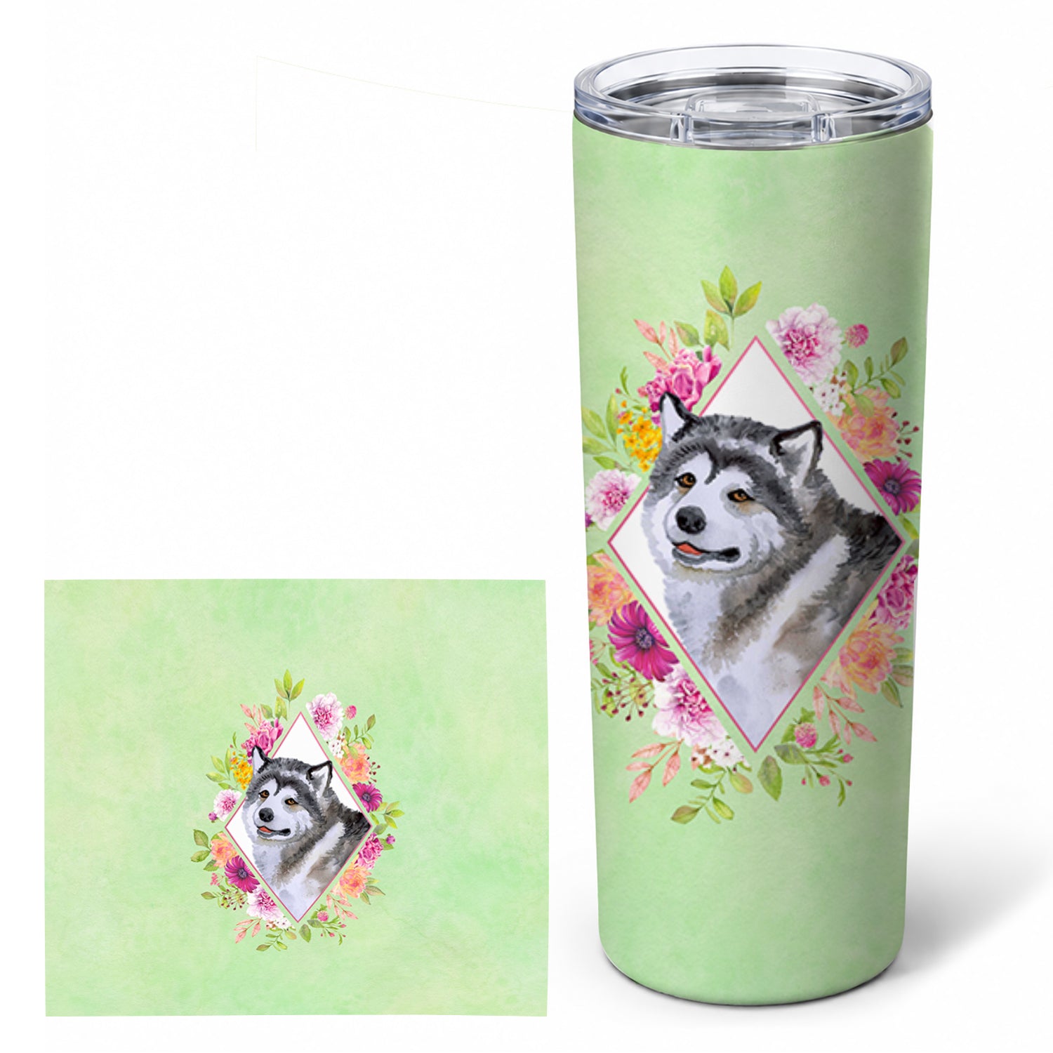 Alaskan Malamute Green Flowers Stainless Steel Skinny Tumbler 20 oz Vacuum Double Walled Reusable Insulated Travel Cup