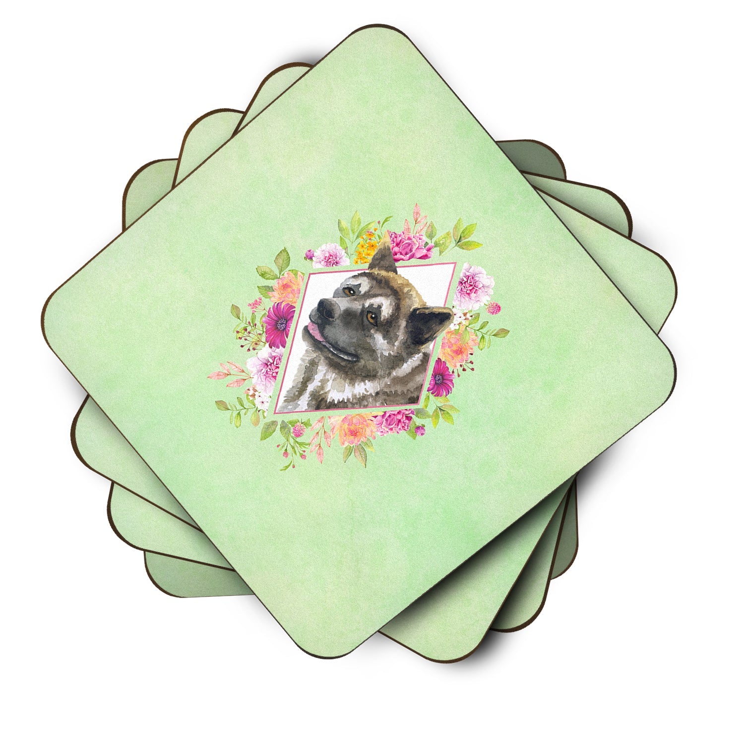 Akita Green Flowers Foam Coasters Set of 4 Cup Coasters for Indoor Outdoor, Tabletop Protection, Anti Slip, Mouse pad Material