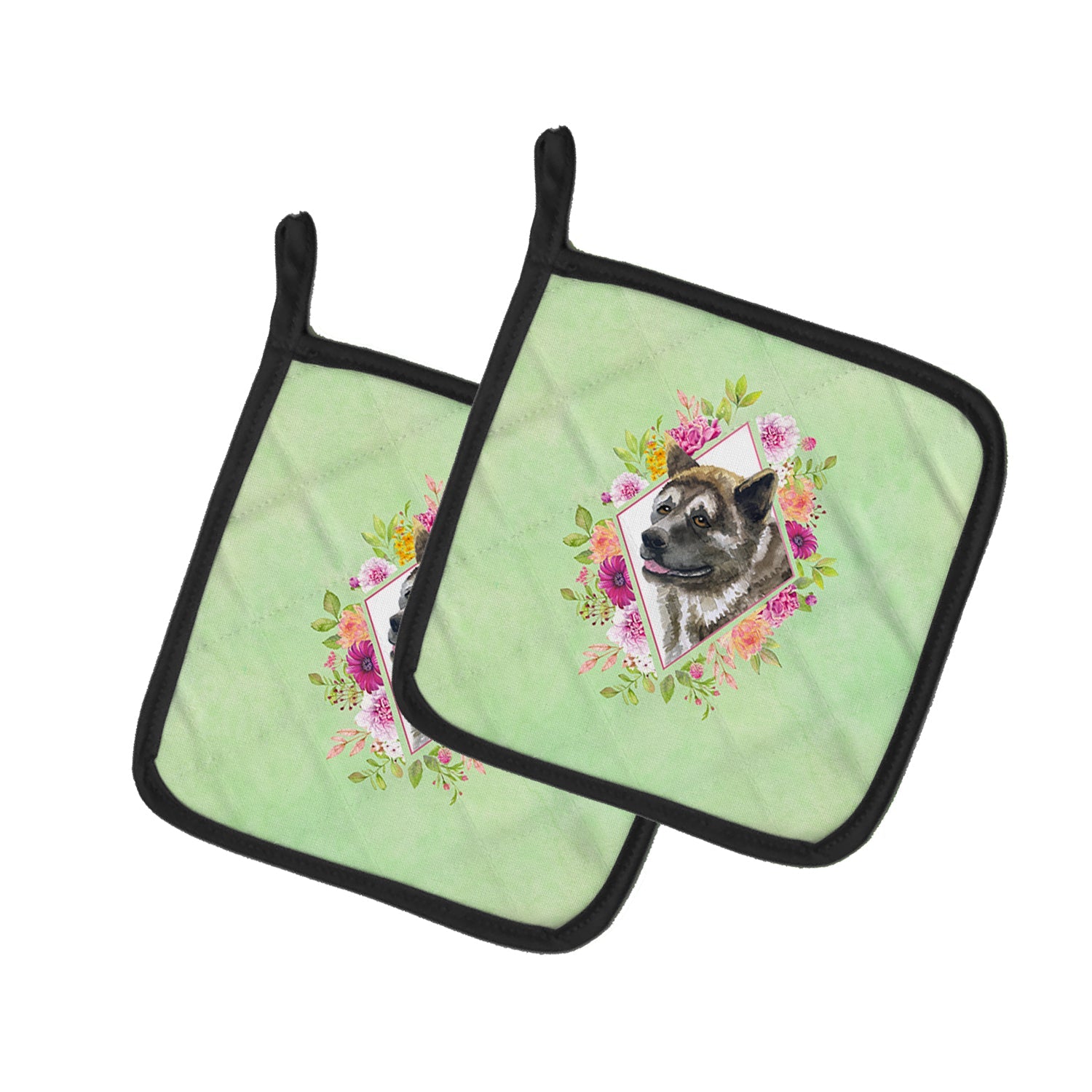 Akita Green Flowers Pot Holder Set of 2 Heat Resistant Quilted Hot Pads 7.5 x 7.5 Inch, Insulated Kitchen Trivets for Cooking & Baking