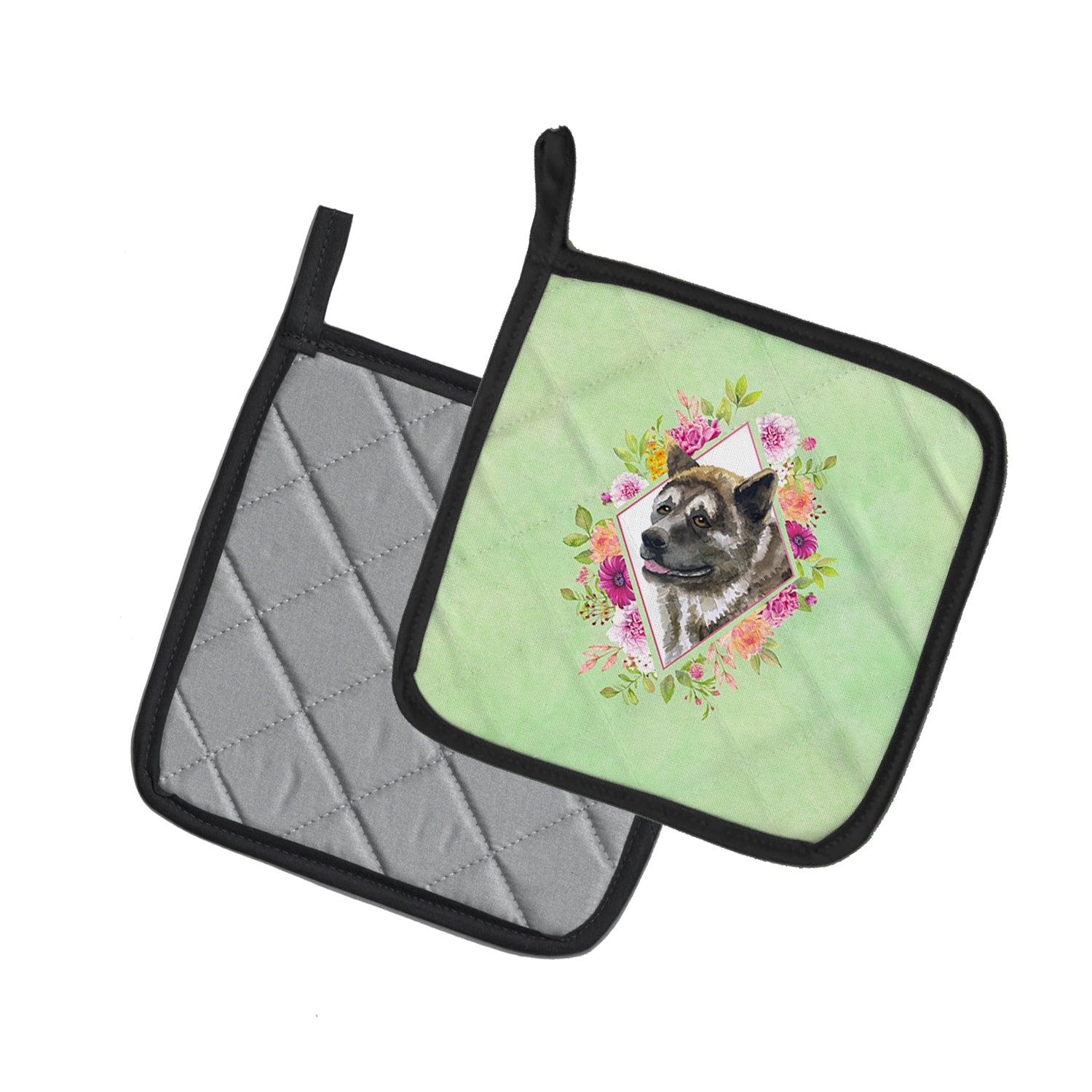 Akita Green Flowers Pot Holder Set of 2 Heat Resistant Quilted Hot Pads 7.5 x 7.5 Inch, Insulated Kitchen Trivets for Cooking & Baking