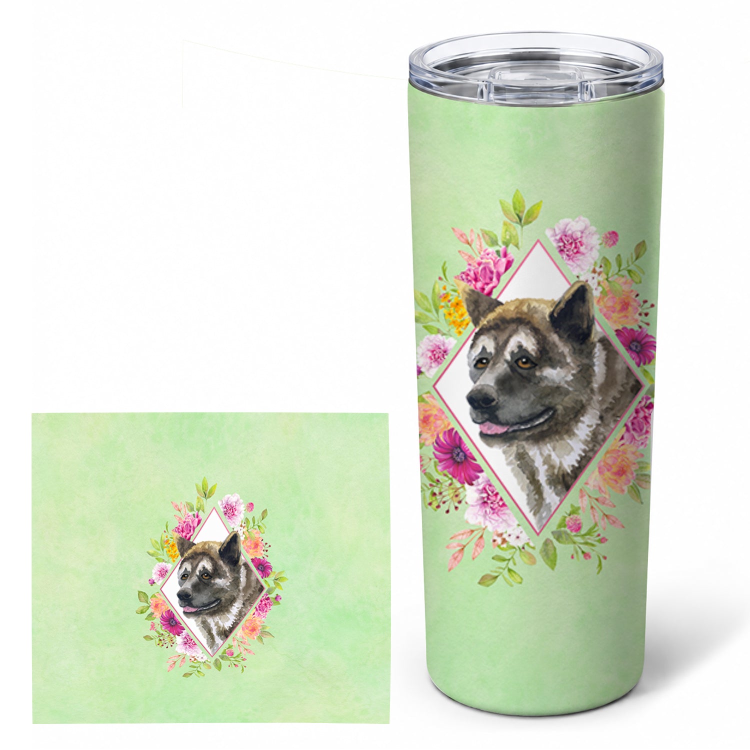 Akita Green Flowers Stainless Steel Skinny Tumbler 20 oz Vacuum Double Walled Reusable Insulated Travel Cup