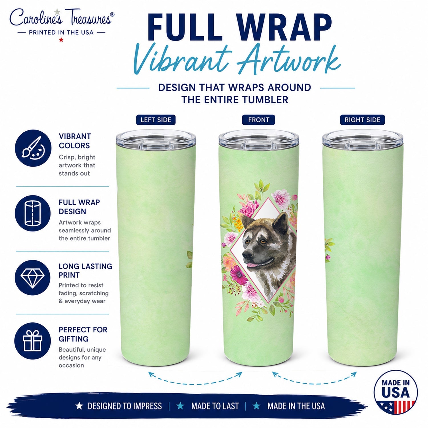 Akita Green Flowers Stainless Steel Skinny Tumbler 20 oz Vacuum Double Walled Reusable Insulated Travel Cup