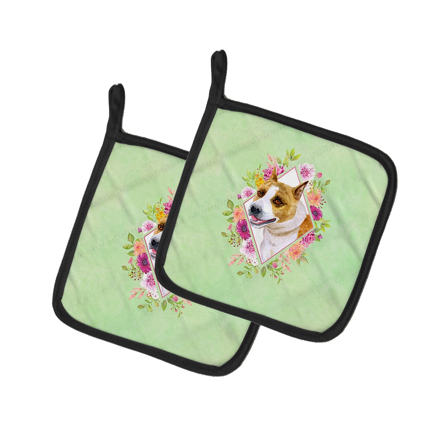 Bull Terrier Green Flowers Pot Holder Set of 2 Heat Resistant Quilted Hot Pads 7.5 x 7.5 Inch, Insulated Kitchen Trivets for Cooking & Baking