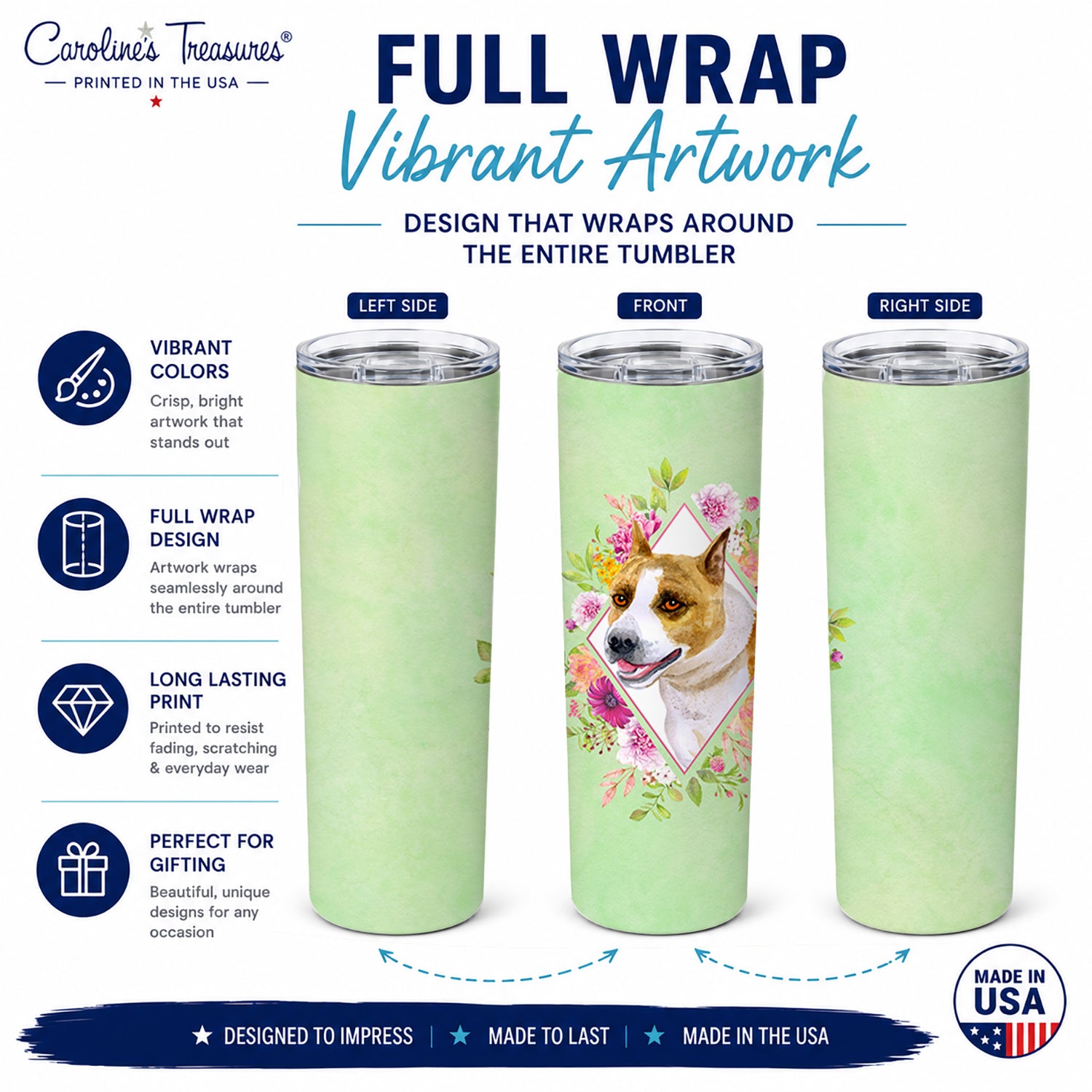 Bull Terrier Green Flowers Stainless Steel Skinny Tumbler 20 oz Vacuum Double Walled Reusable Insulated Travel Cup