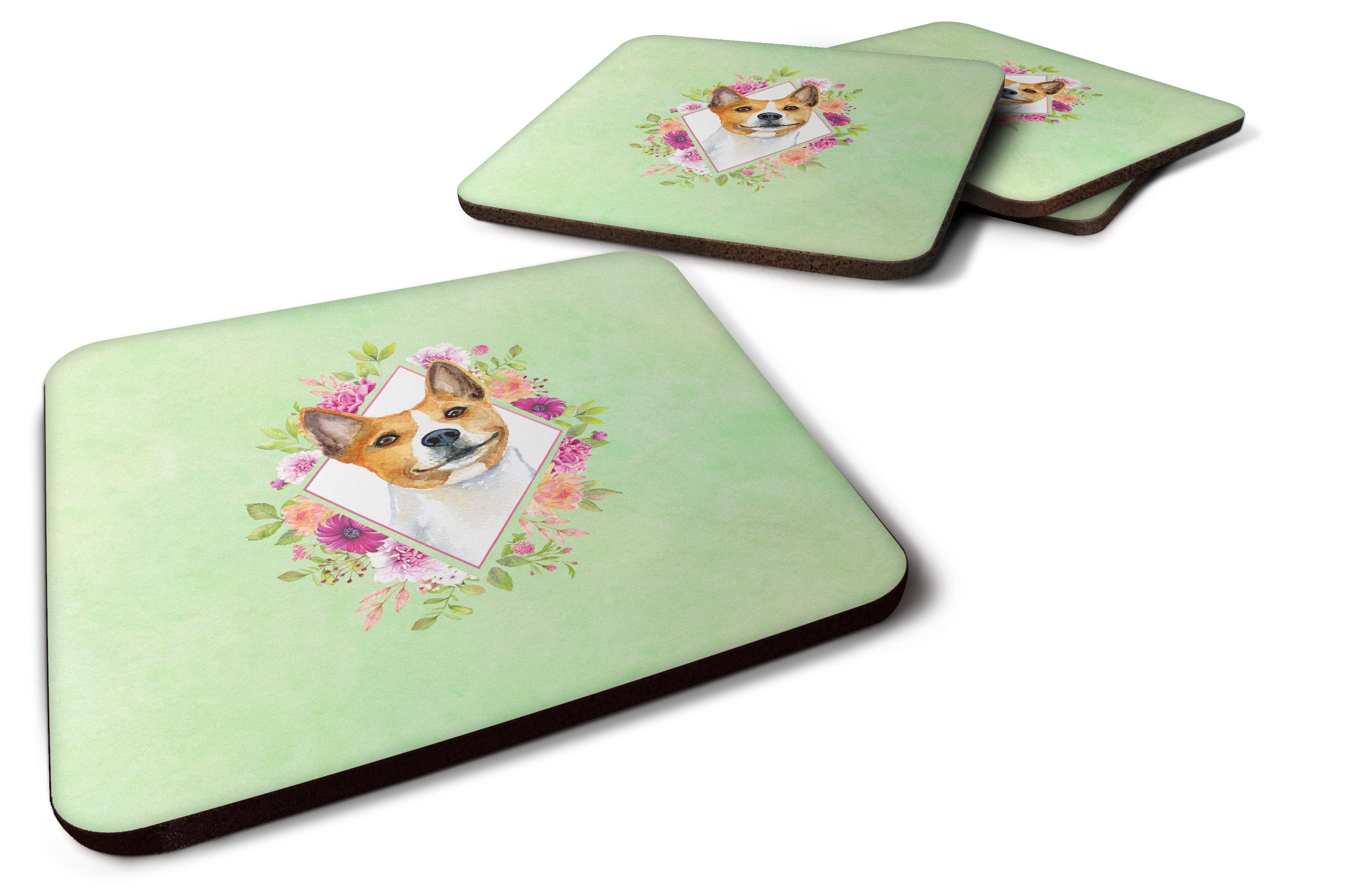 Basenji Green Flowers Foam Coasters Set of 4 Cup Coasters for Indoor Outdoor, Tabletop Protection, Anti Slip, Mouse pad Material