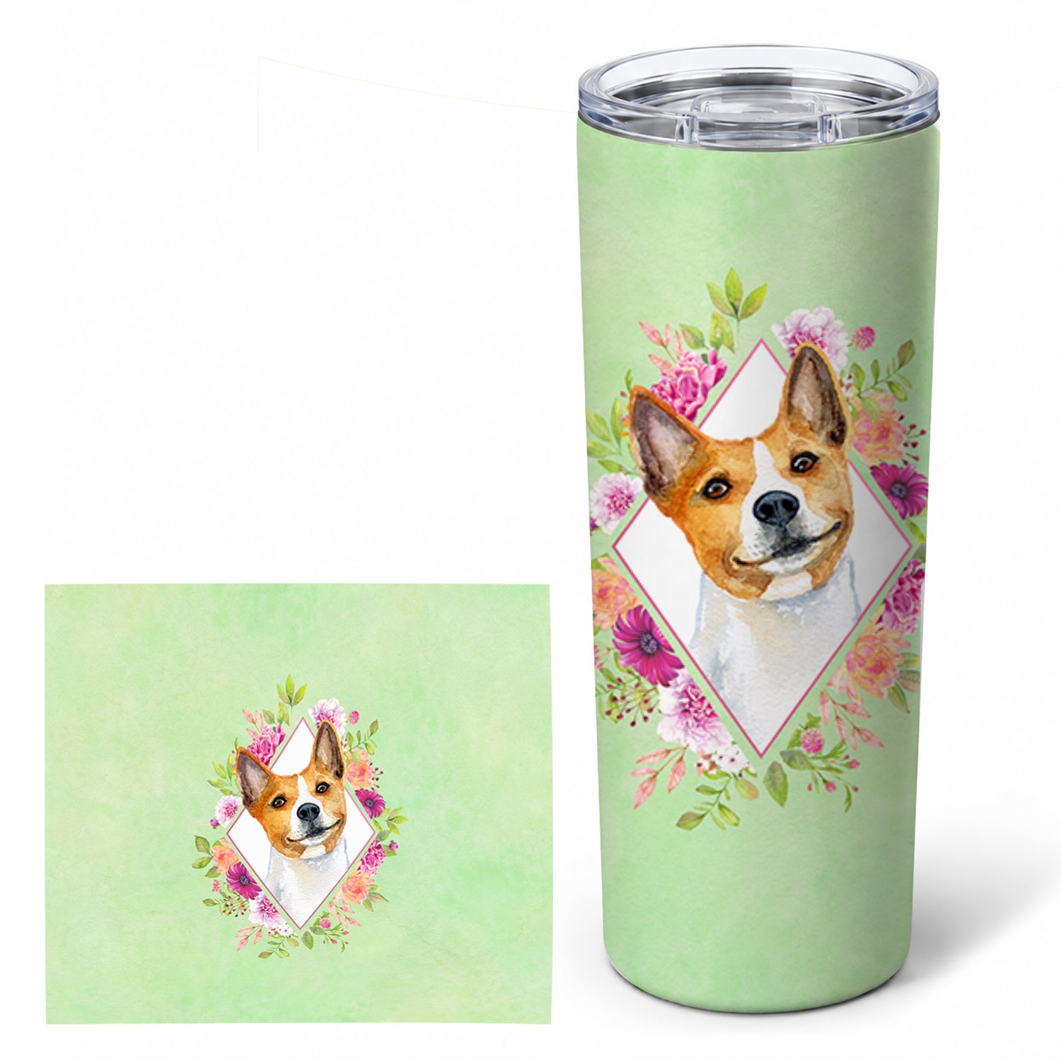 Basenji Green Flowers Stainless Steel Skinny Tumbler 20 oz Vacuum Double Walled Reusable Insulated Travel Cup