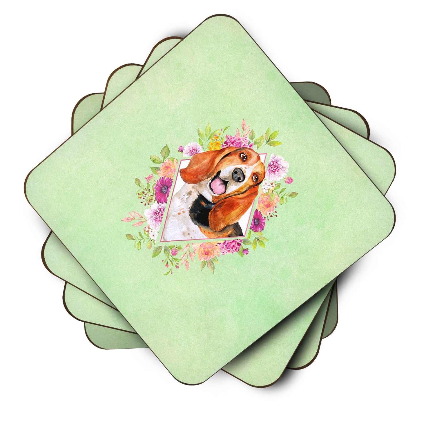 Basset Hound Green Flowers Foam Coasters Set of 4 Cup Coasters for Indoor Outdoor, Tabletop Protection, Anti Slip, Mouse pad Material