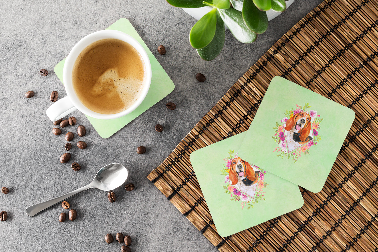Basset Hound Green Flowers Foam Coasters Set of 4 Cup Coasters for Indoor Outdoor, Tabletop Protection, Anti Slip, Mouse pad Material