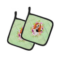 Basset Hound Green Flowers Pot Holder Set of 2 Heat Resistant Quilted Hot Pads 7.5 x 7.5 Inch, Insulated Kitchen Trivets for Cooking & Baking