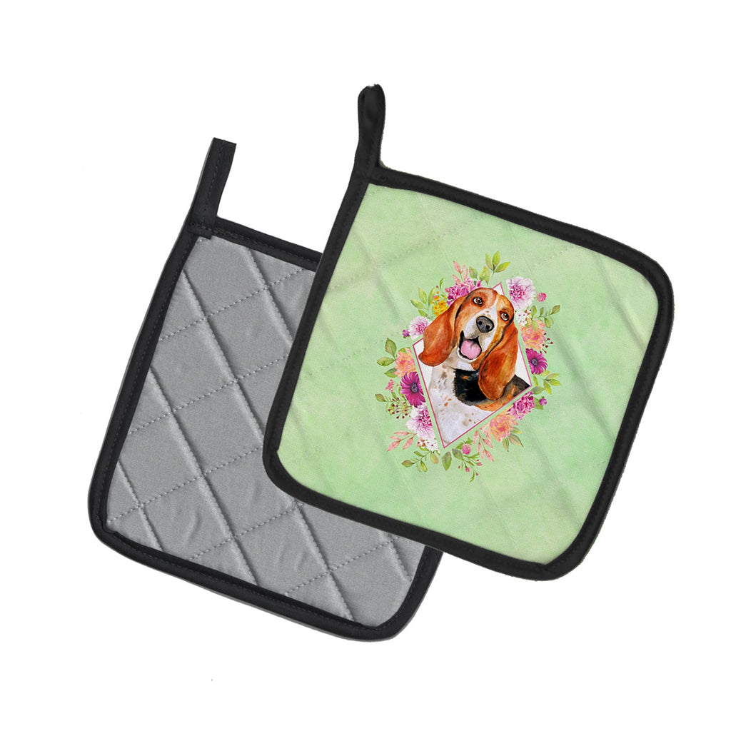Basset Hound Green Flowers Pot Holder Set of 2 Heat Resistant Quilted Hot Pads 7.5 x 7.5 Inch, Insulated Kitchen Trivets for Cooking & Baking