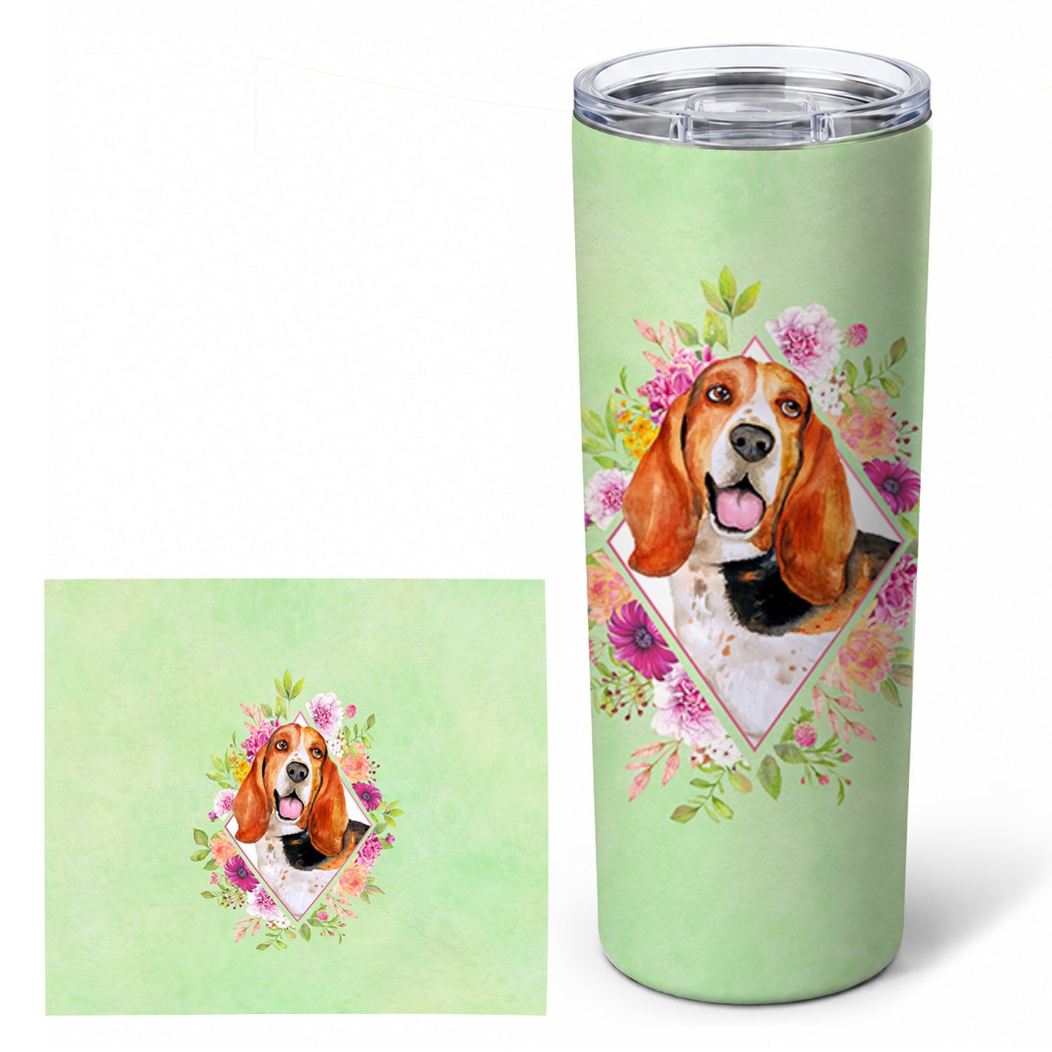 Basset Hound Green Flowers Stainless Steel Skinny Tumbler 20 oz Vacuum Double Walled Reusable Insulated Travel Cup