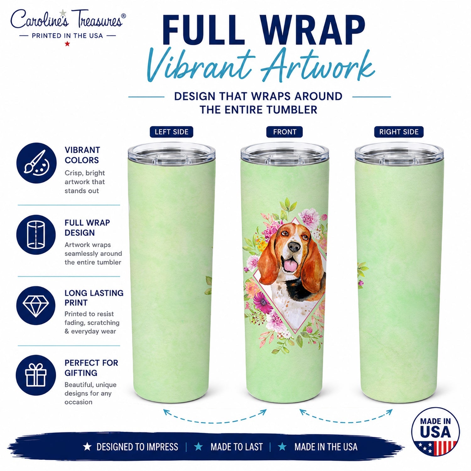 Basset Hound Green Flowers Stainless Steel Skinny Tumbler 20 oz Vacuum Double Walled Reusable Insulated Travel Cup