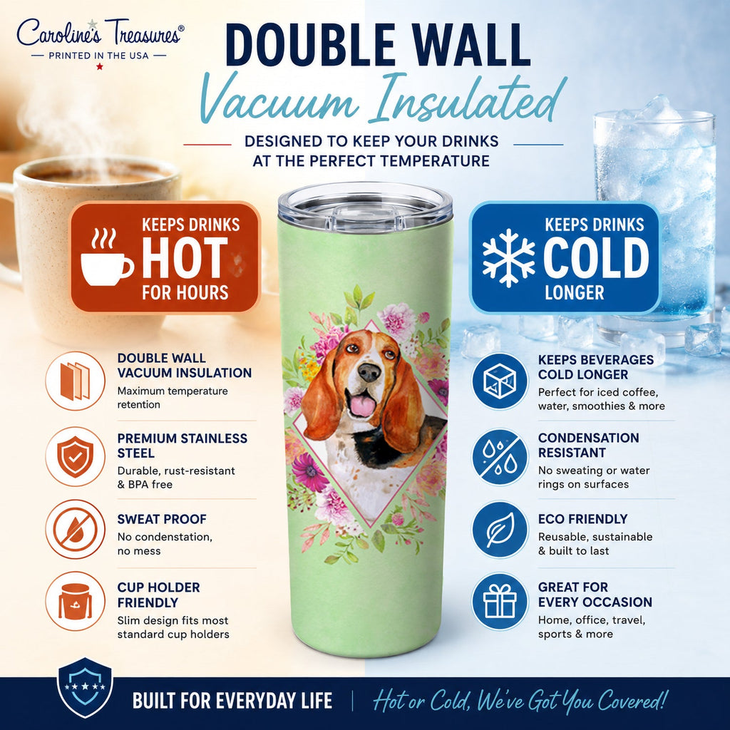 Basset Hound Green Flowers Stainless Steel Skinny Tumbler 20 oz Vacuum Double Walled Reusable Insulated Travel Cup