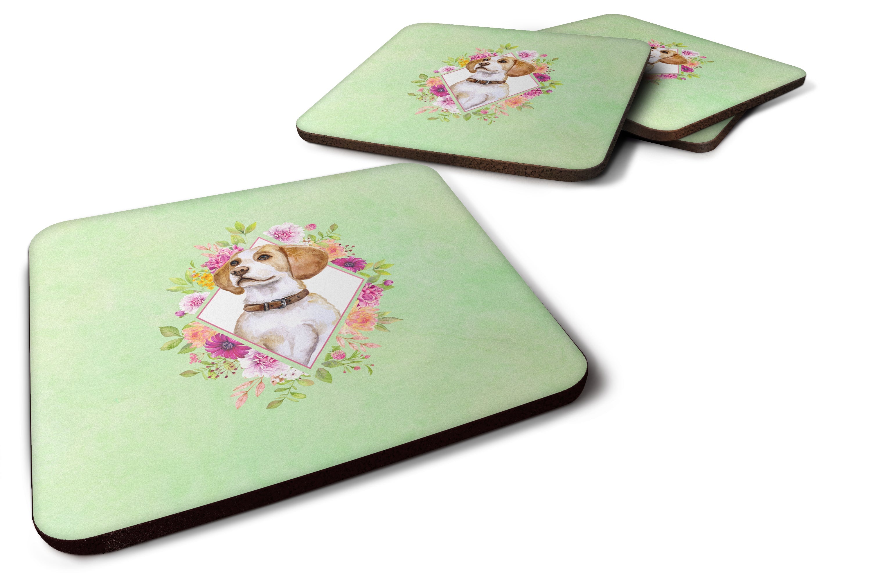 Beagle Green Flowers Foam Coasters Set of 4 Cup Coasters for Indoor Outdoor, Tabletop Protection, Anti Slip, Mouse pad Material