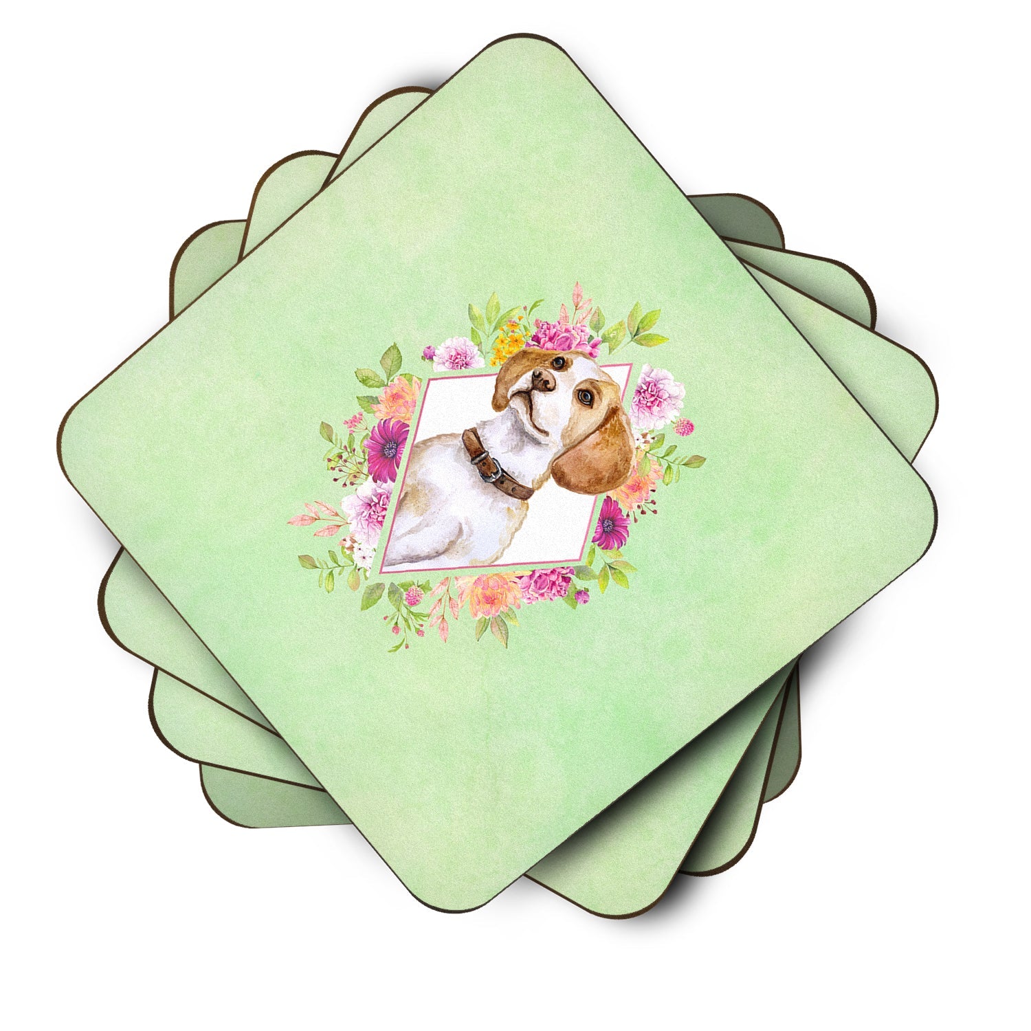 Beagle Green Flowers Foam Coasters Set of 4 Cup Coasters for Indoor Outdoor, Tabletop Protection, Anti Slip, Mouse pad Material