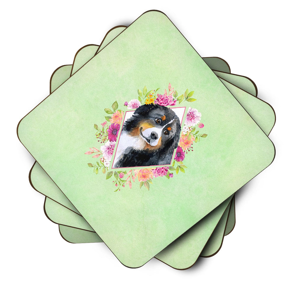 Bernese Mountain Dog Green Flowers Foam Coasters Set of 4 Cup Coasters for Indoor Outdoor, Tabletop Protection, Anti Slip, Mouse pad Material