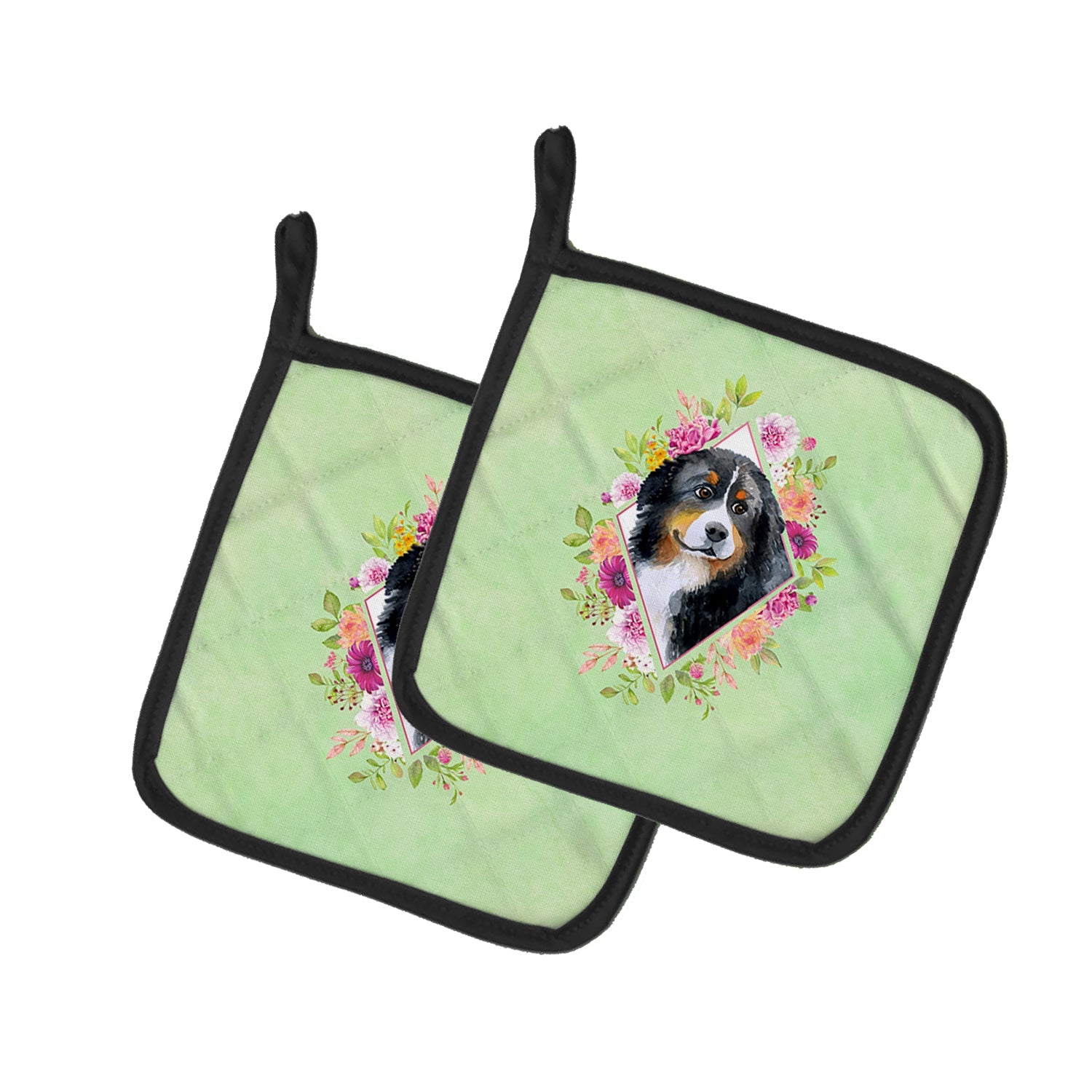 Bernese Mountain Dog Green Flowers Pot Holder Set of 2 Heat Resistant Quilted Hot Pads 7.5 x 7.5 Inch, Insulated Kitchen Trivets for Cooking & Baking