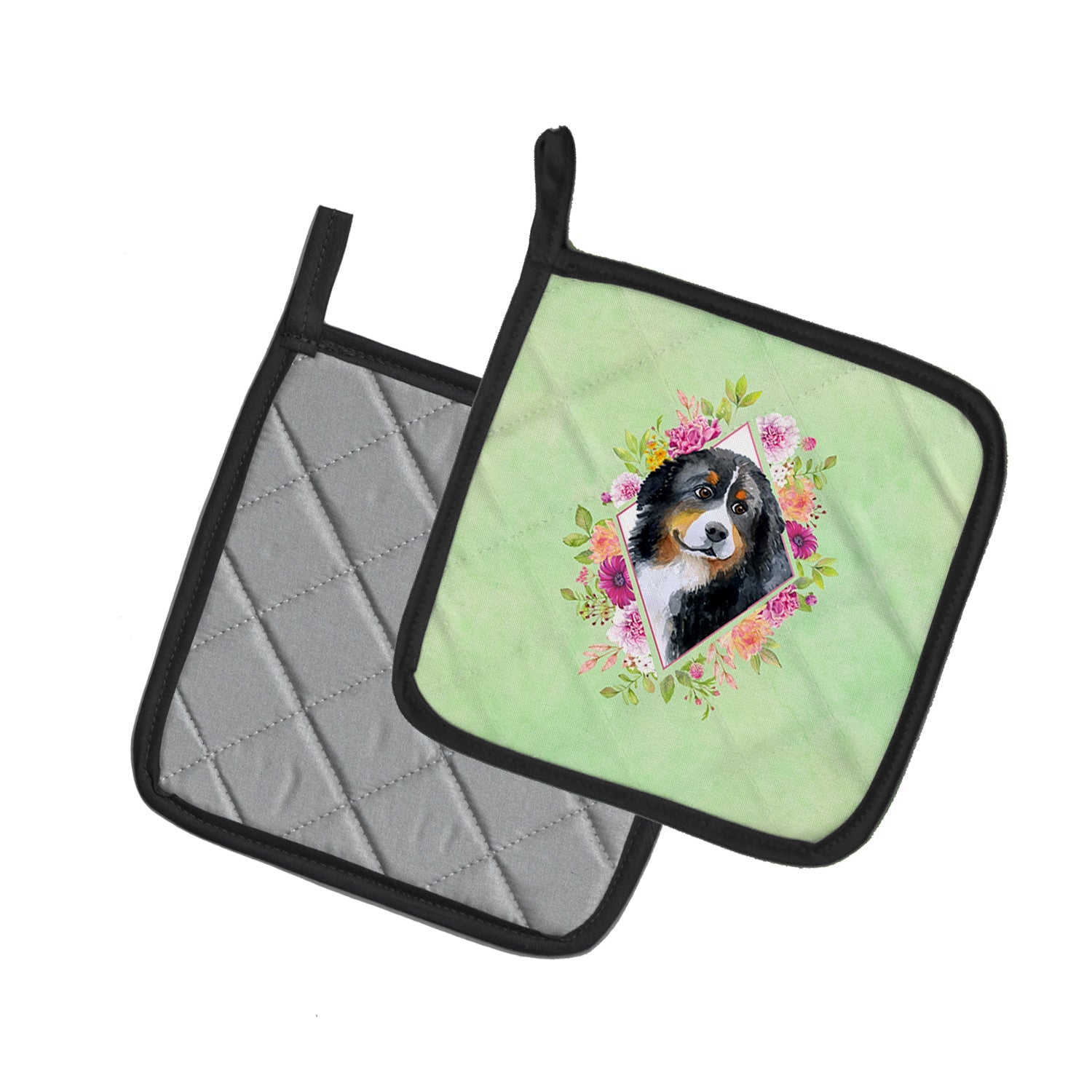 Bernese Mountain Dog Green Flowers Pot Holder Set of 2 Heat Resistant Quilted Hot Pads 7.5 x 7.5 Inch, Insulated Kitchen Trivets for Cooking & Baking