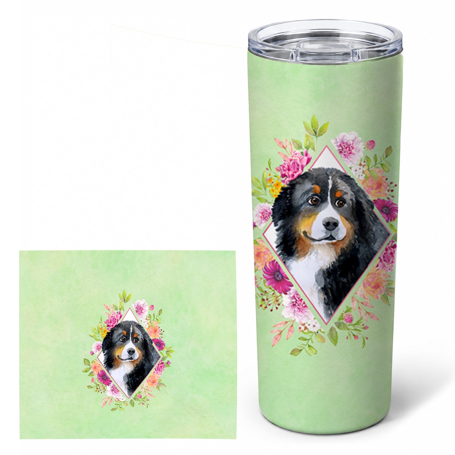 Bernese Mountain Dog Green Flowers Stainless Steel Skinny Tumbler 20 oz Vacuum Double Walled Reusable Insulated Travel Cup