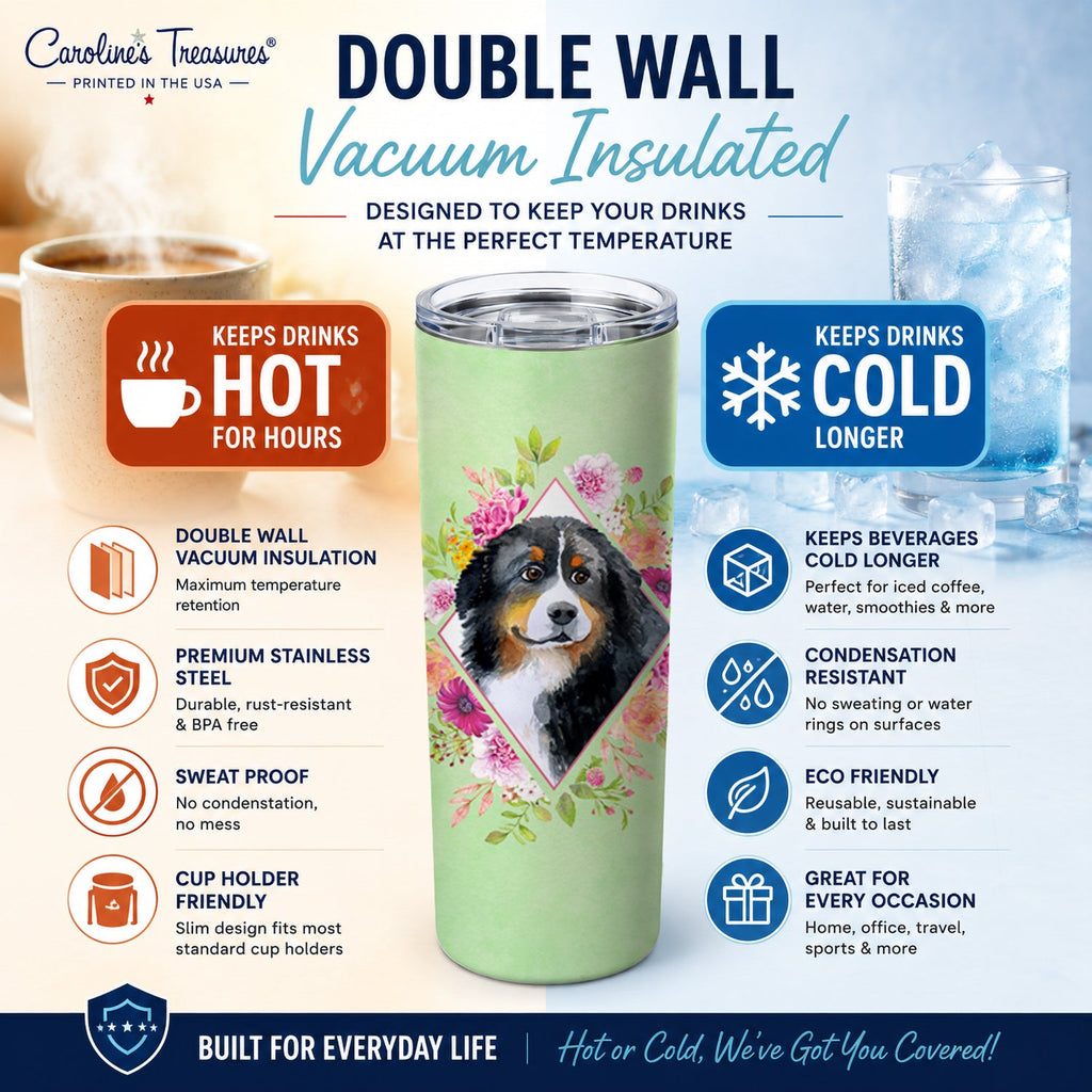 Bernese Mountain Dog Green Flowers Stainless Steel Skinny Tumbler 20 oz Vacuum Double Walled Reusable Insulated Travel Cup