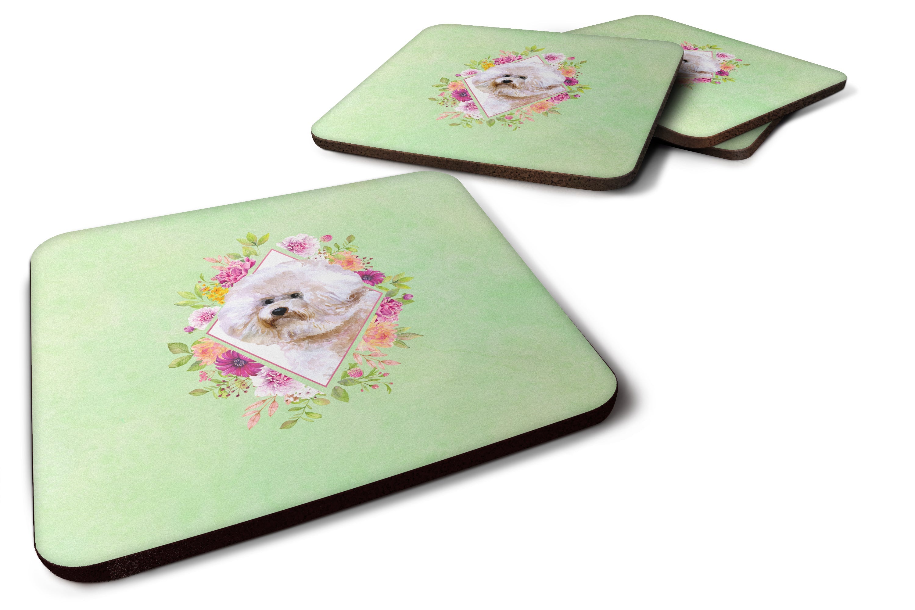 Bichon Frisé #1 Green Flowers Foam Coasters Set of 4 Cup Coasters for Indoor Outdoor, Tabletop Protection, Anti Slip, Mouse pad Material