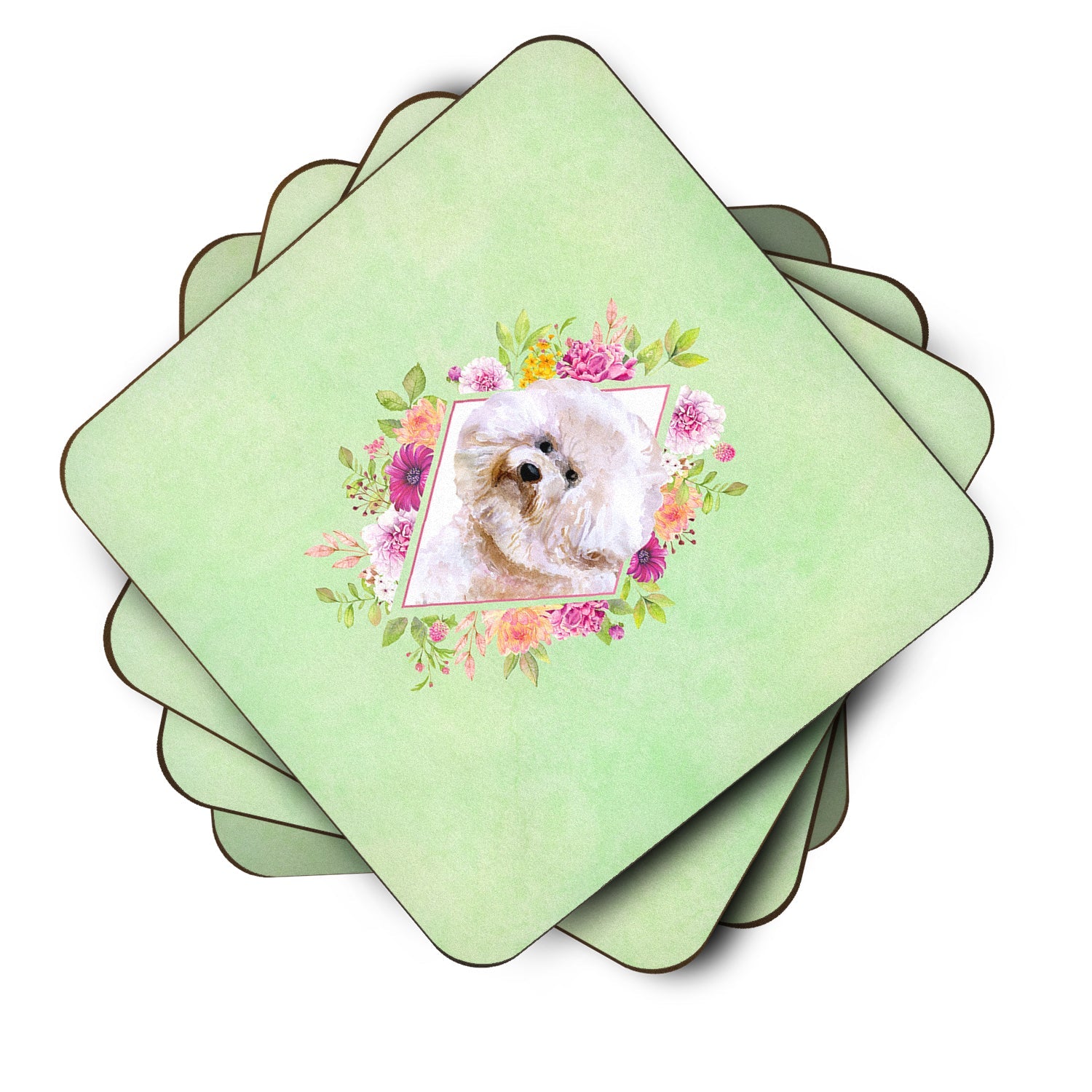Bichon Frisé #1 Green Flowers Foam Coasters Set of 4 Cup Coasters for Indoor Outdoor, Tabletop Protection, Anti Slip, Mouse pad Material