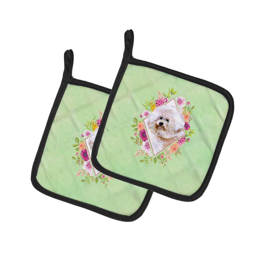 Bichon Frisé #1 Green Flowers Pot Holder Set of 2 Heat Resistant Quilted Hot Pads 7.5 x 7.5 Inch, Insulated Kitchen Trivets for Cooking & Baking
