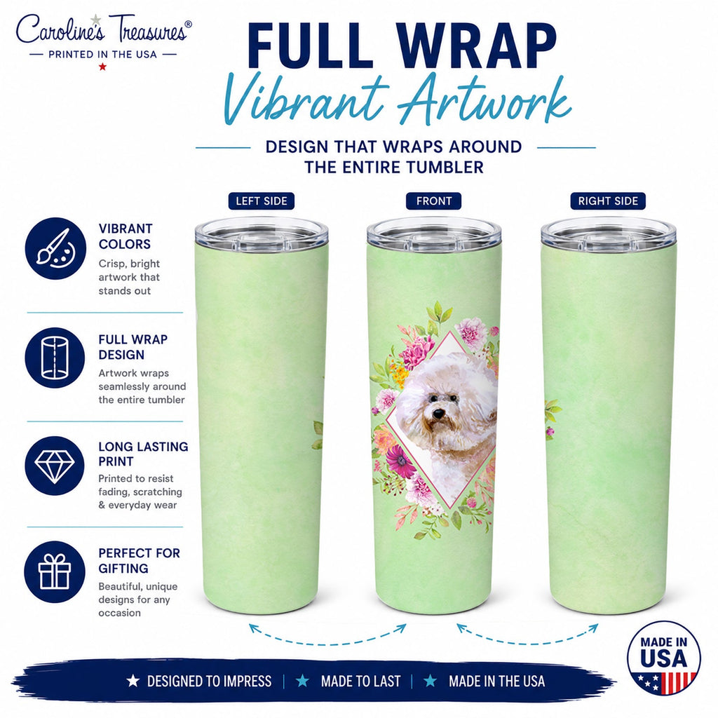 Bichon Frisé #1 Green Flowers Stainless Steel Skinny Tumbler 20 oz Vacuum Double Walled Reusable Insulated Travel Cup