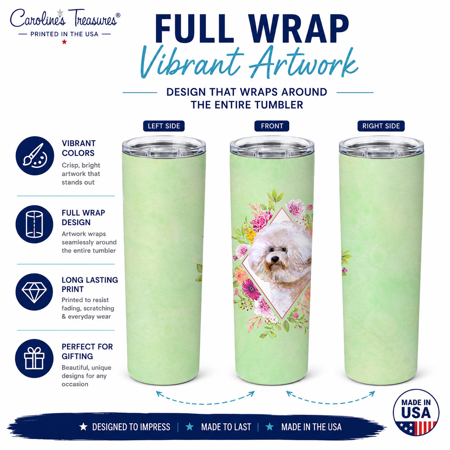 Bichon Frisé #1 Green Flowers Stainless Steel Skinny Tumbler 20 oz Vacuum Double Walled Reusable Insulated Travel Cup