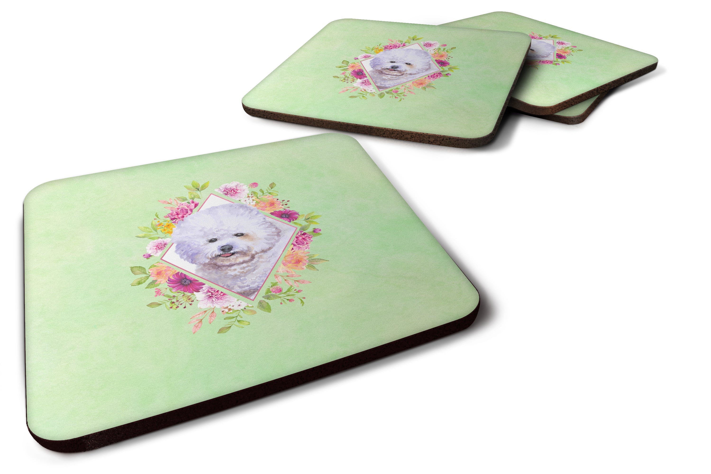 Bichon Frisé #2 Green Flowers Foam Coasters Set of 4 Cup Coasters for Indoor Outdoor, Tabletop Protection, Anti Slip, Mouse pad Material
