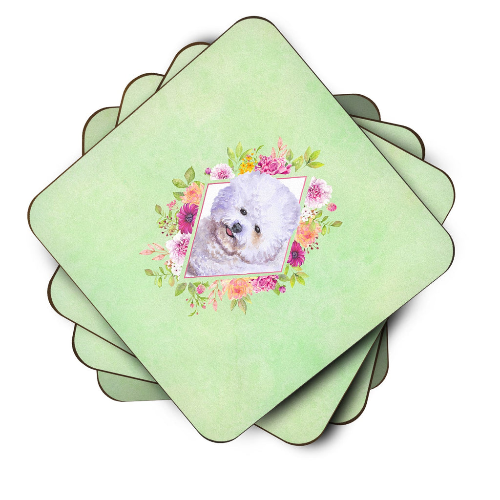 Bichon Frisé #2 Green Flowers Foam Coasters Set of 4 Cup Coasters for Indoor Outdoor, Tabletop Protection, Anti Slip, Mouse pad Material