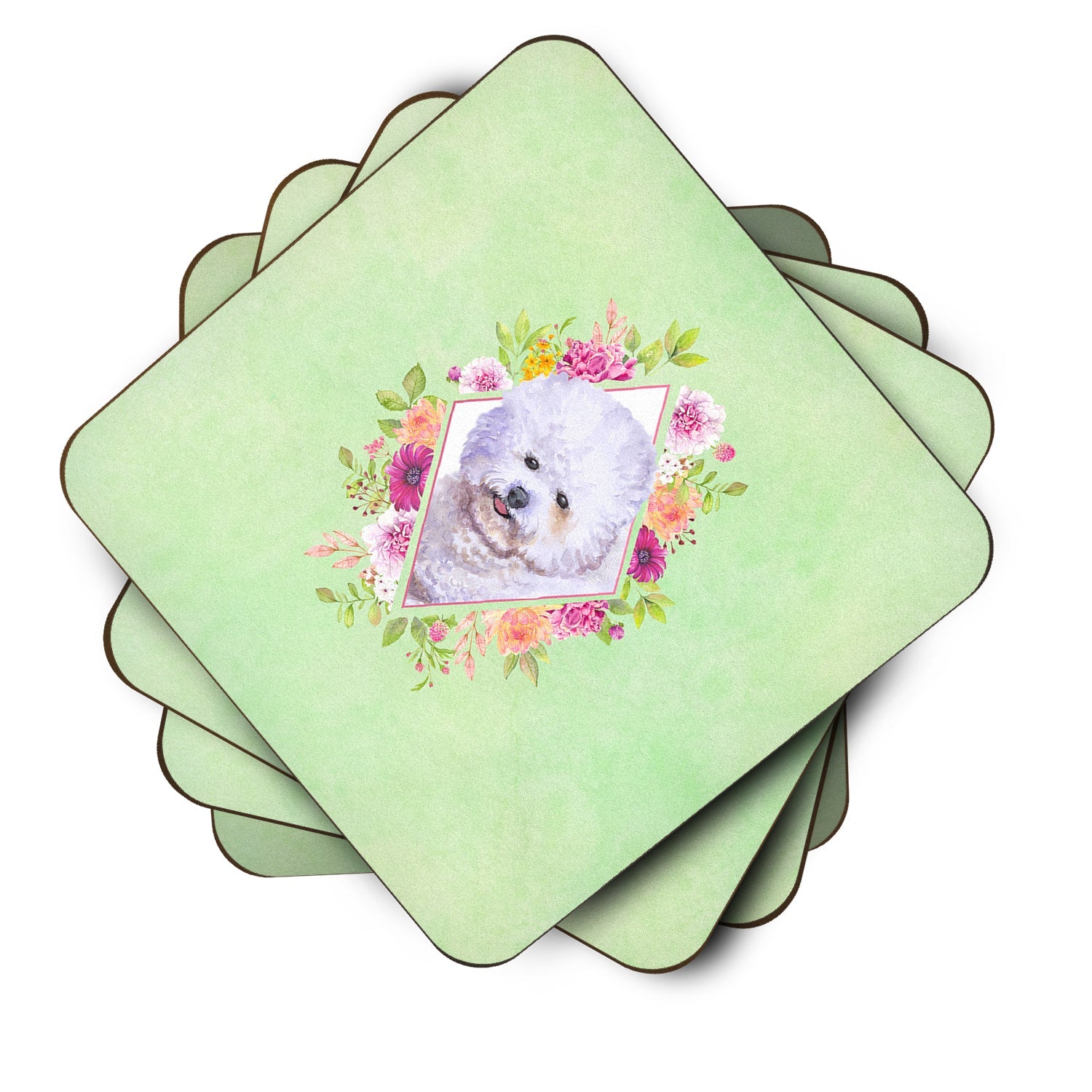 Bichon Frisé #2 Green Flowers Foam Coasters Set of 4 Cup Coasters for Indoor Outdoor, Tabletop Protection, Anti Slip, Mouse pad Material