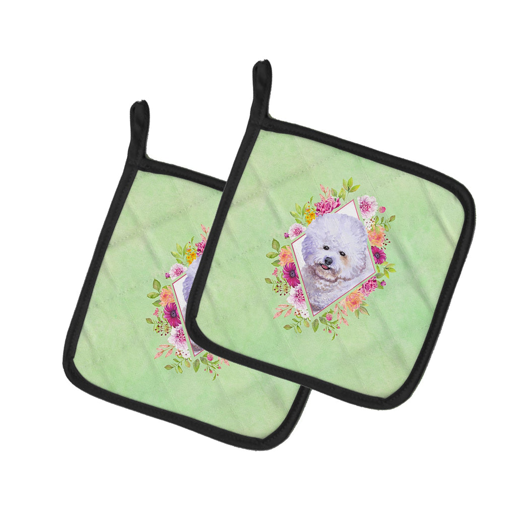 Bichon Frisé #2 Green Flowers Pot Holder Set of 2 Heat Resistant Quilted Hot Pads 7.5 x 7.5 Inch, Insulated Kitchen Trivets for Cooking & Baking