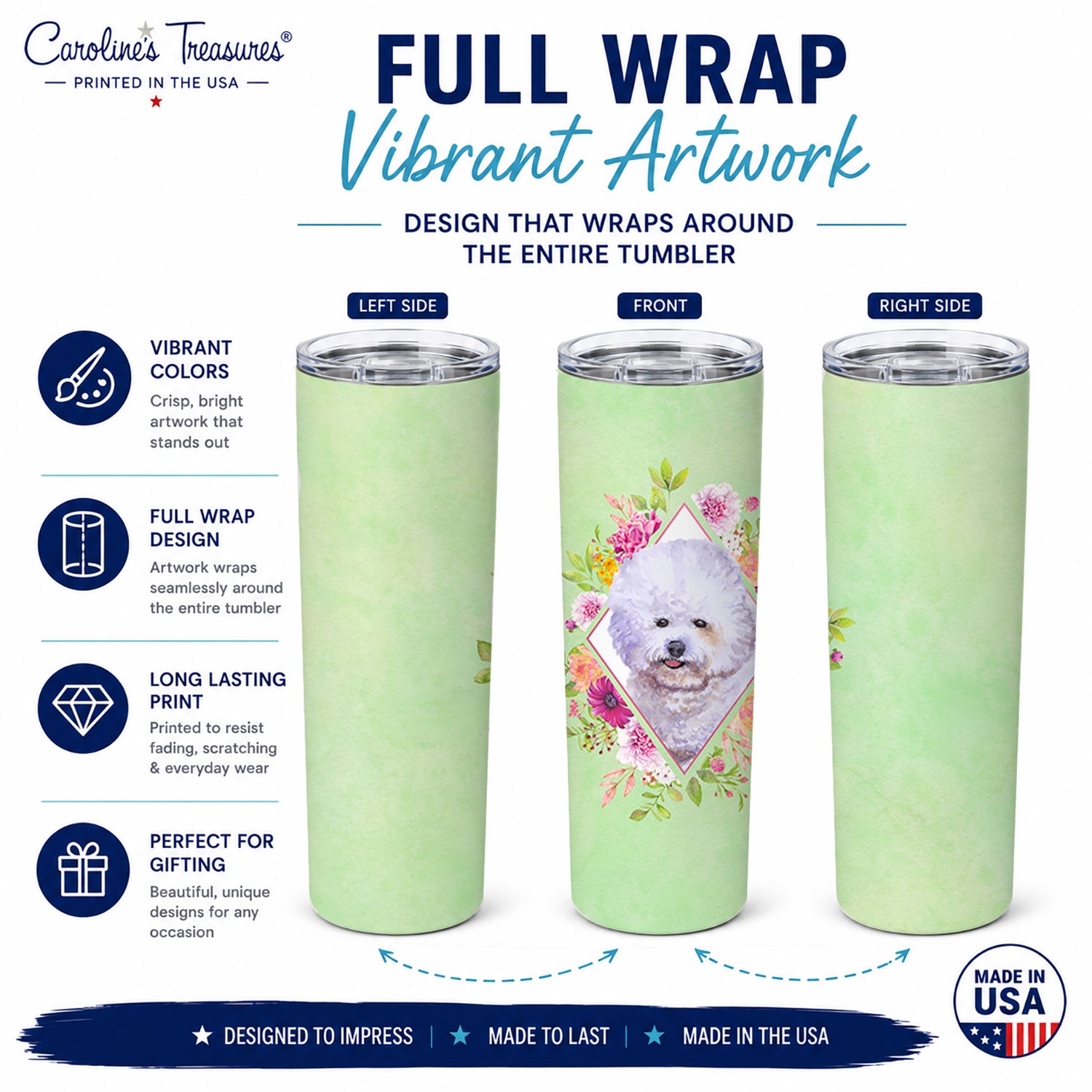 Bichon Frisé #2 Green Flowers Stainless Steel Skinny Tumbler 20 oz Vacuum Double Walled Reusable Insulated Travel Cup