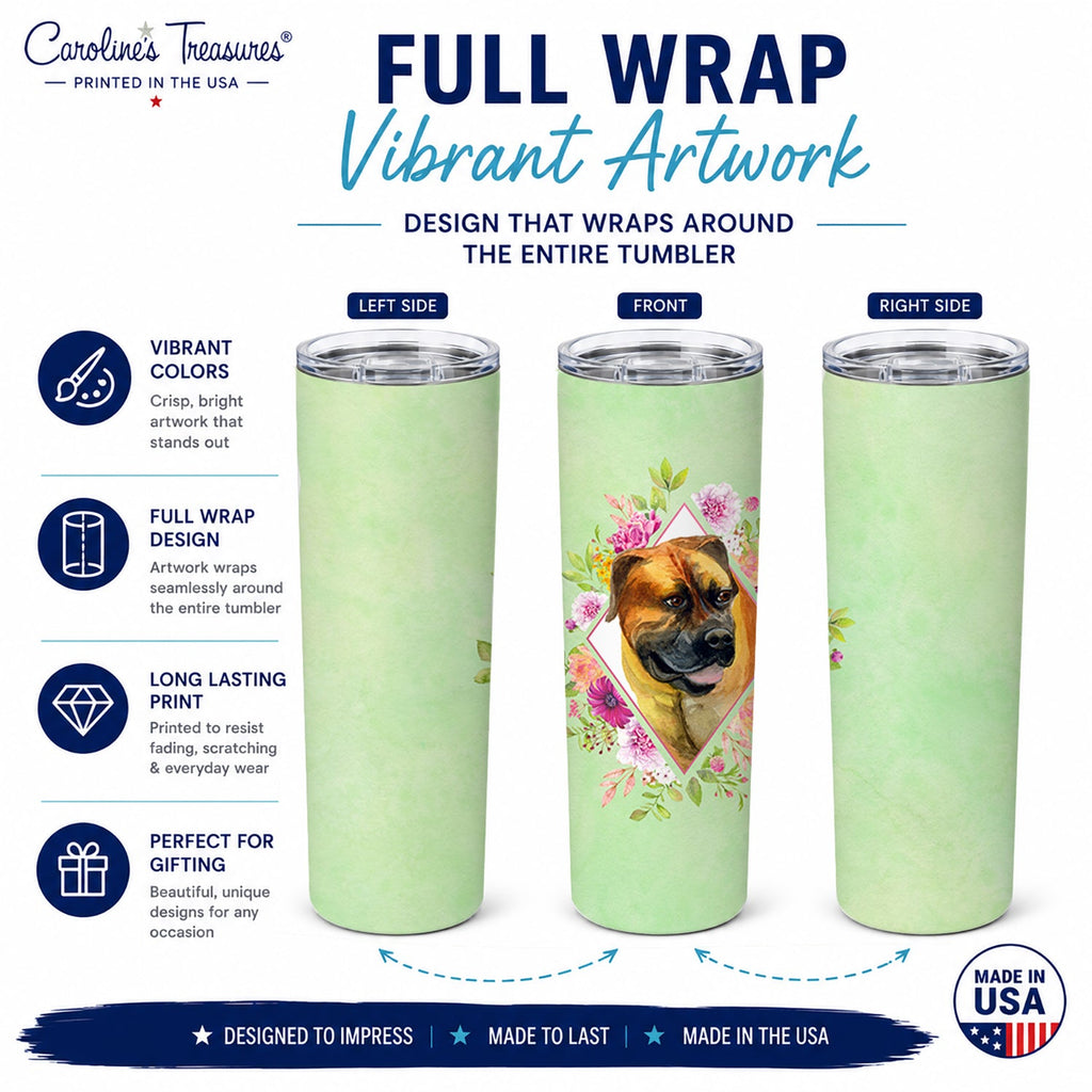Borboel Mastiff Green Flowers Stainless Steel Skinny Tumbler 20 oz Vacuum Double Walled Reusable Insulated Travel Cup