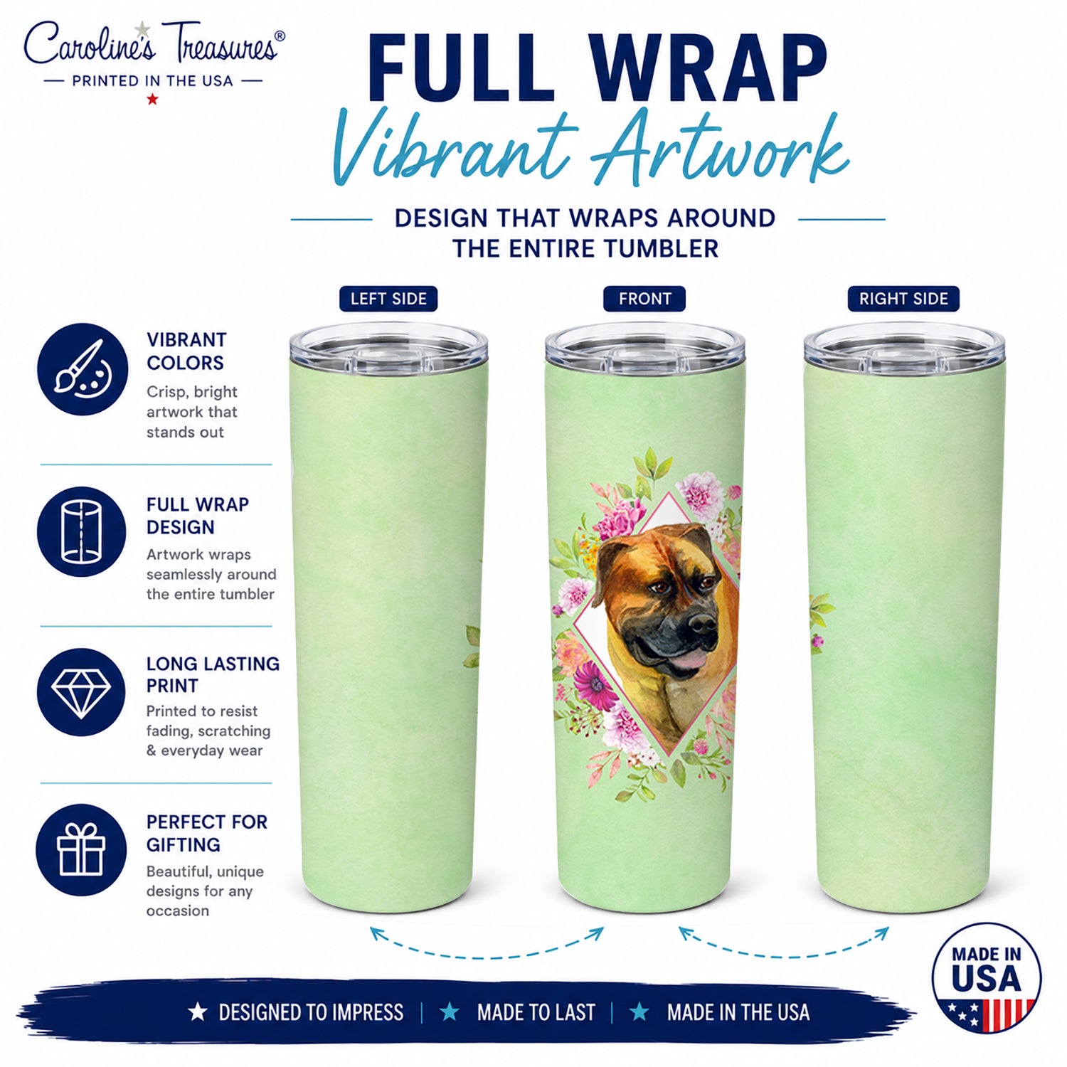 Borboel Mastiff Green Flowers Stainless Steel Skinny Tumbler 20 oz Vacuum Double Walled Reusable Insulated Travel Cup