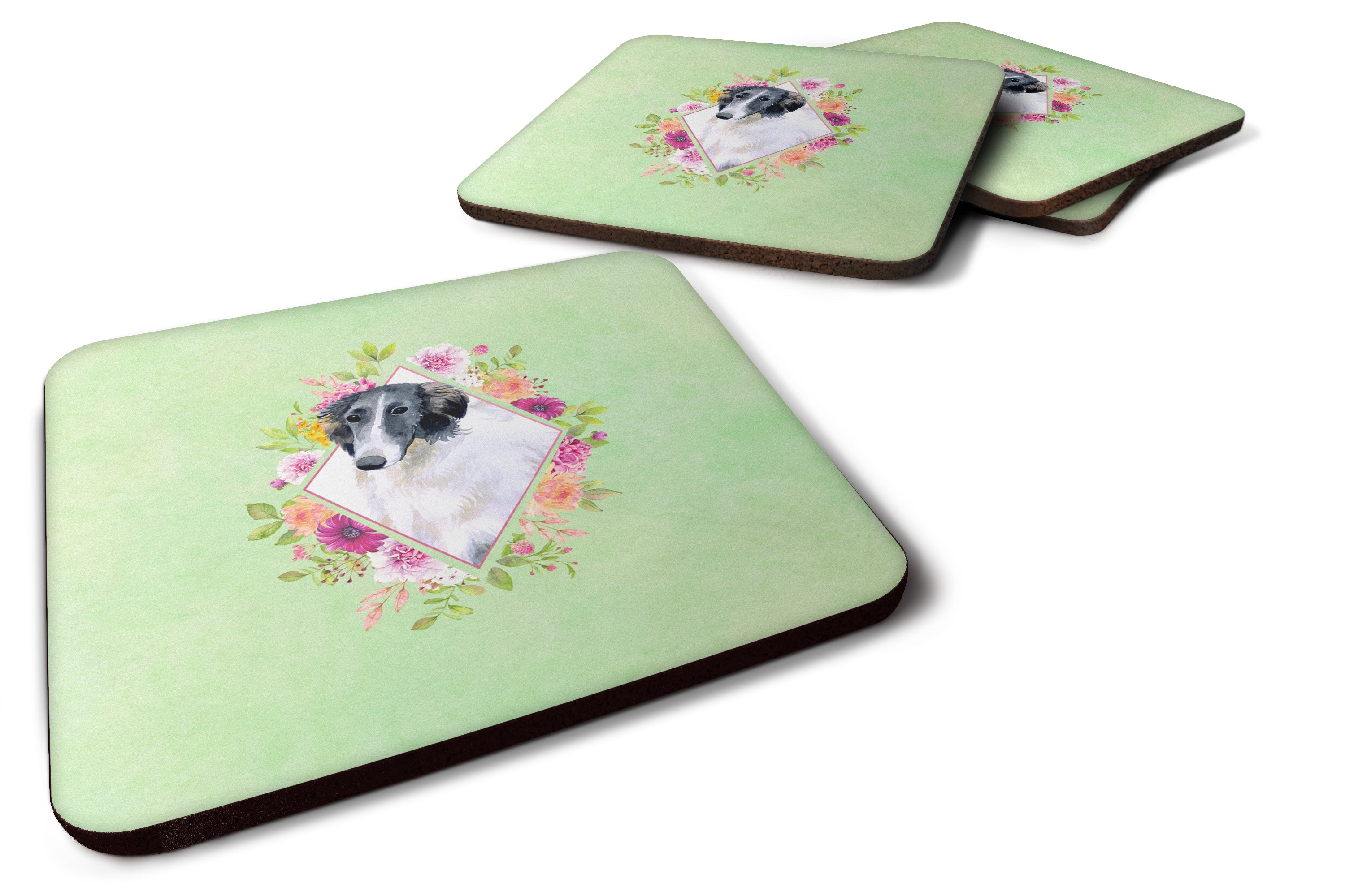 Borzoi Green Flowers Foam Coasters Set of 4 Cup Coasters for Indoor Outdoor, Tabletop Protection, Anti Slip, Mouse pad Material