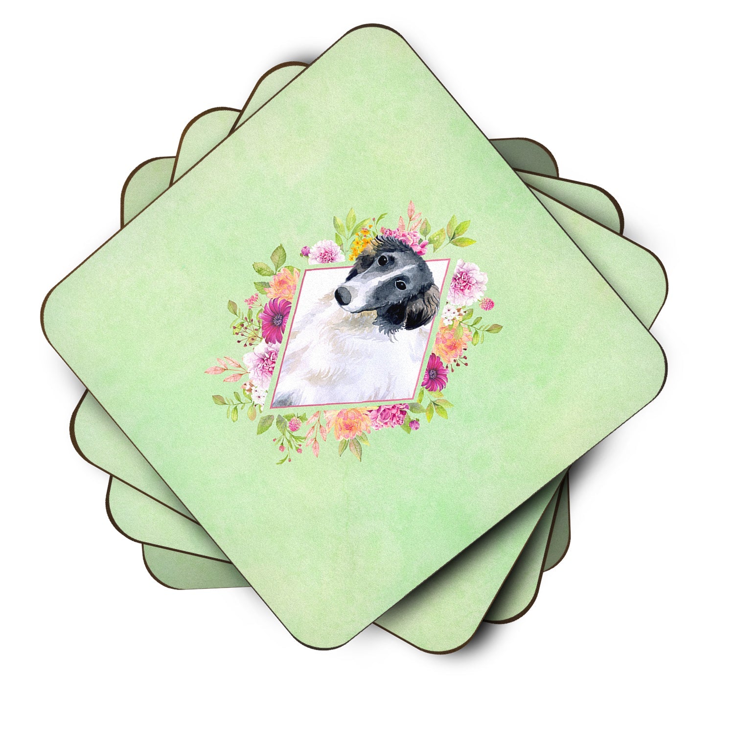 Borzoi Green Flowers Foam Coasters Set of 4 Cup Coasters for Indoor Outdoor, Tabletop Protection, Anti Slip, Mouse pad Material